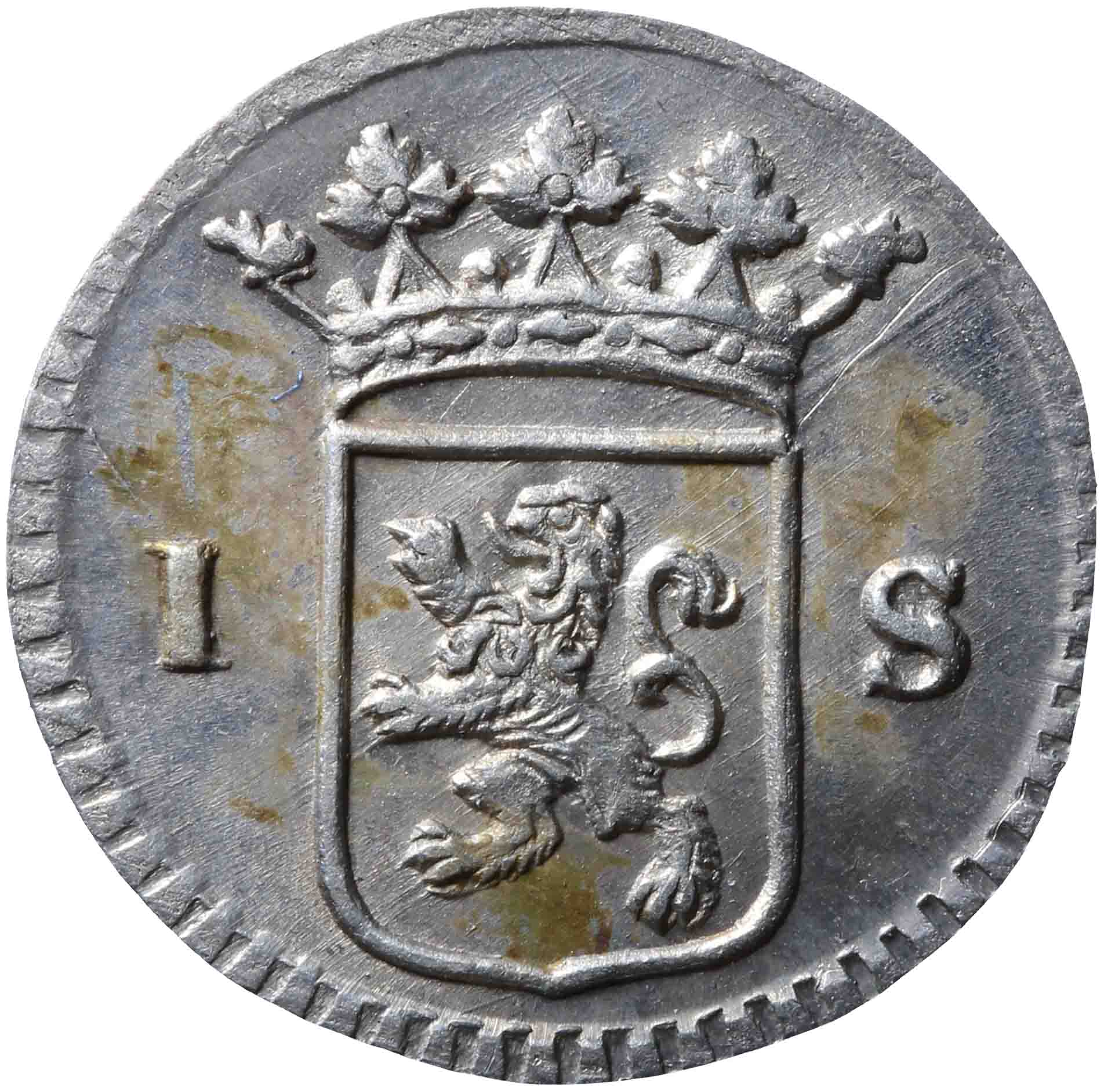 Afbeelding van de voorzijde. stuiver of wapenstuiver. Inventarisnummer:HNM-01838