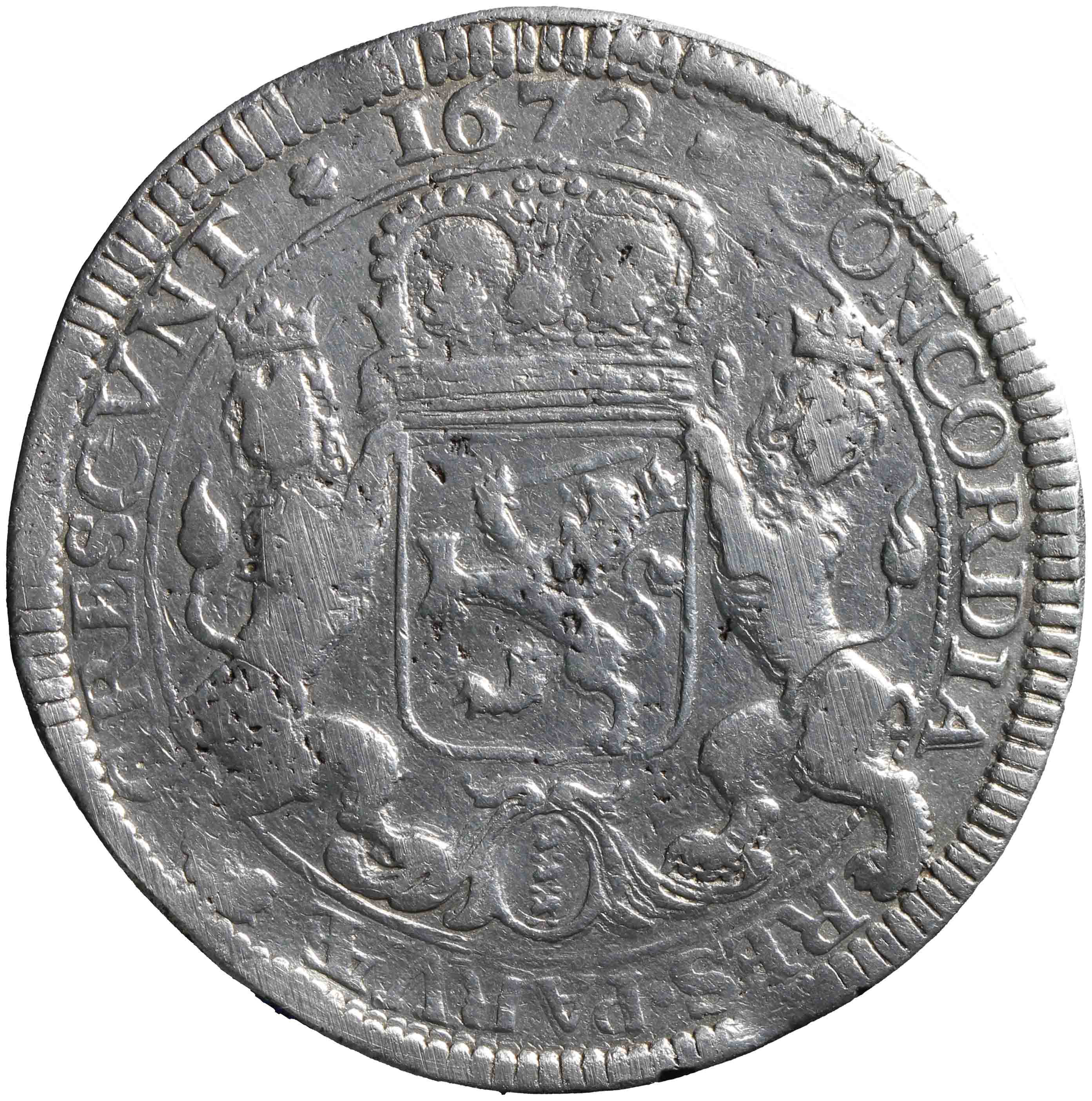 Afbeelding van de keerzijde. zilveren rijder of dukaton. Inventarisnummer:HNM-01932