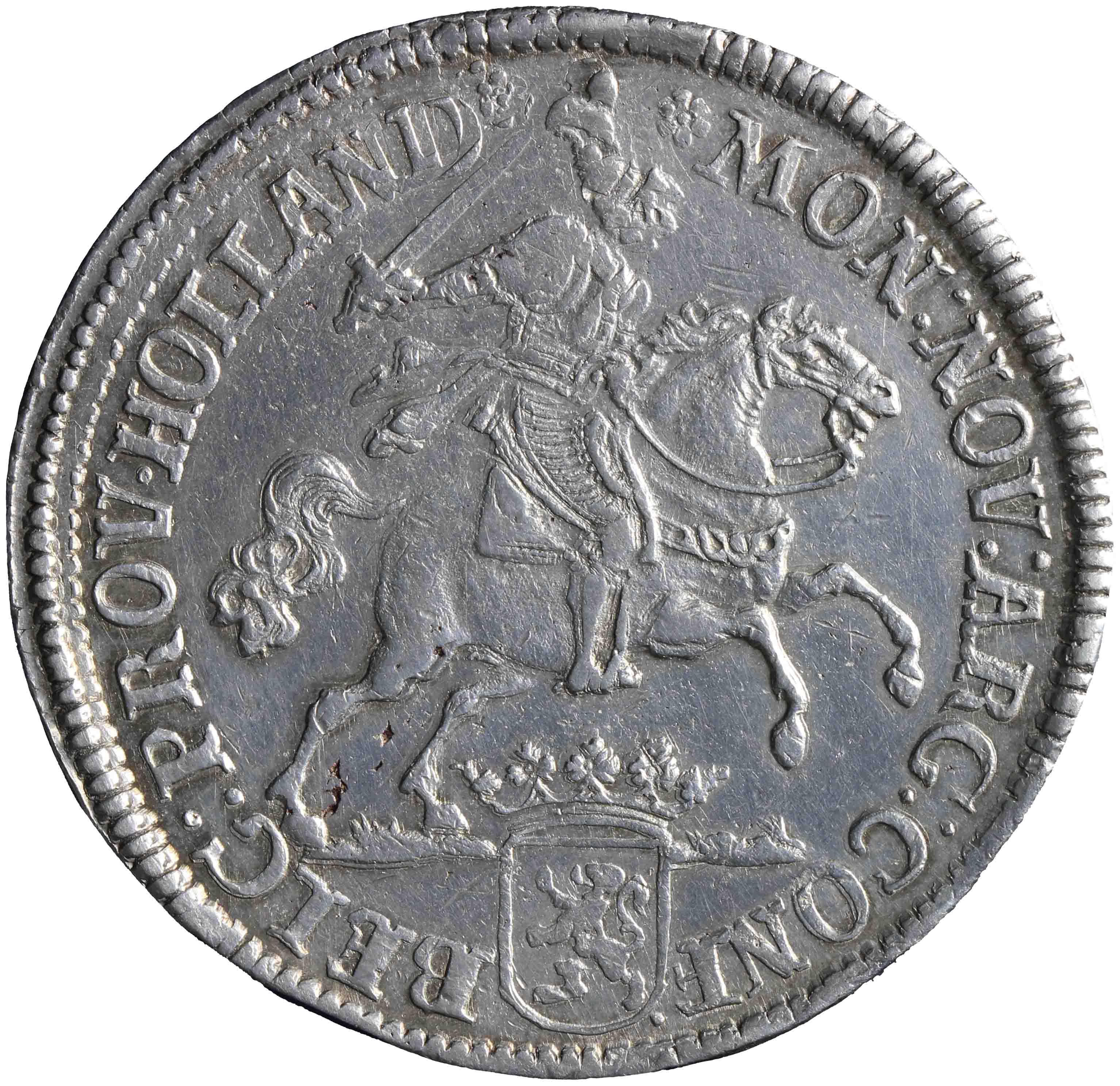Afbeelding van de voorzijde. zilveren rijder of dukaton. Inventarisnummer:HNM-01936