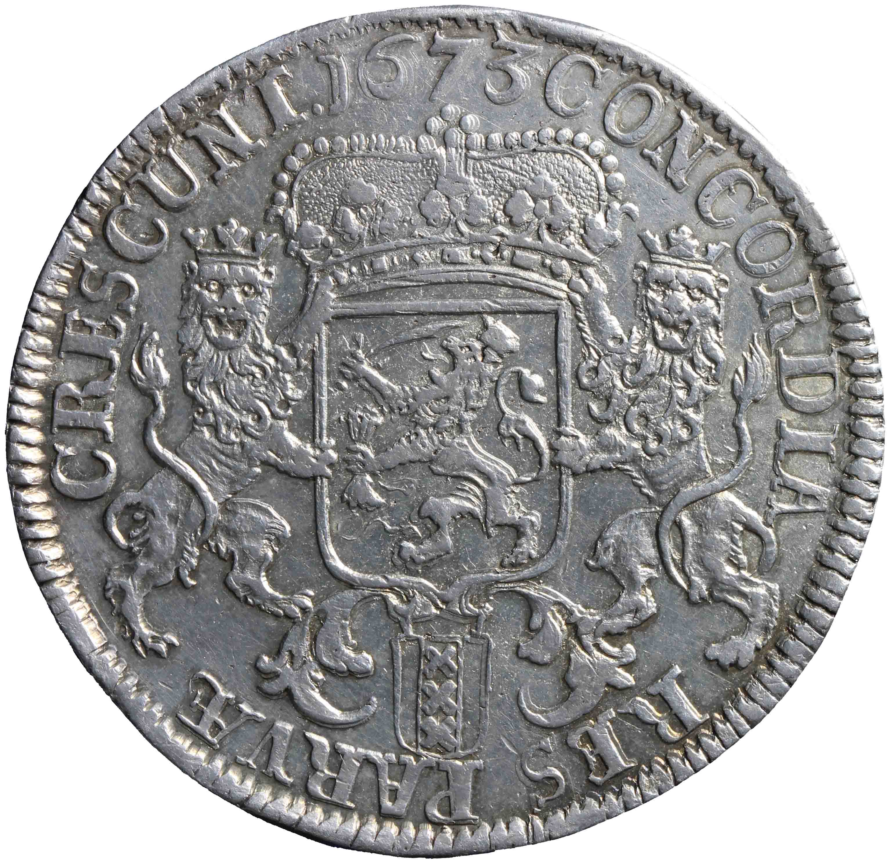 Afbeelding van de keerzijde. zilveren rijder of dukaton. Inventarisnummer:HNM-01936