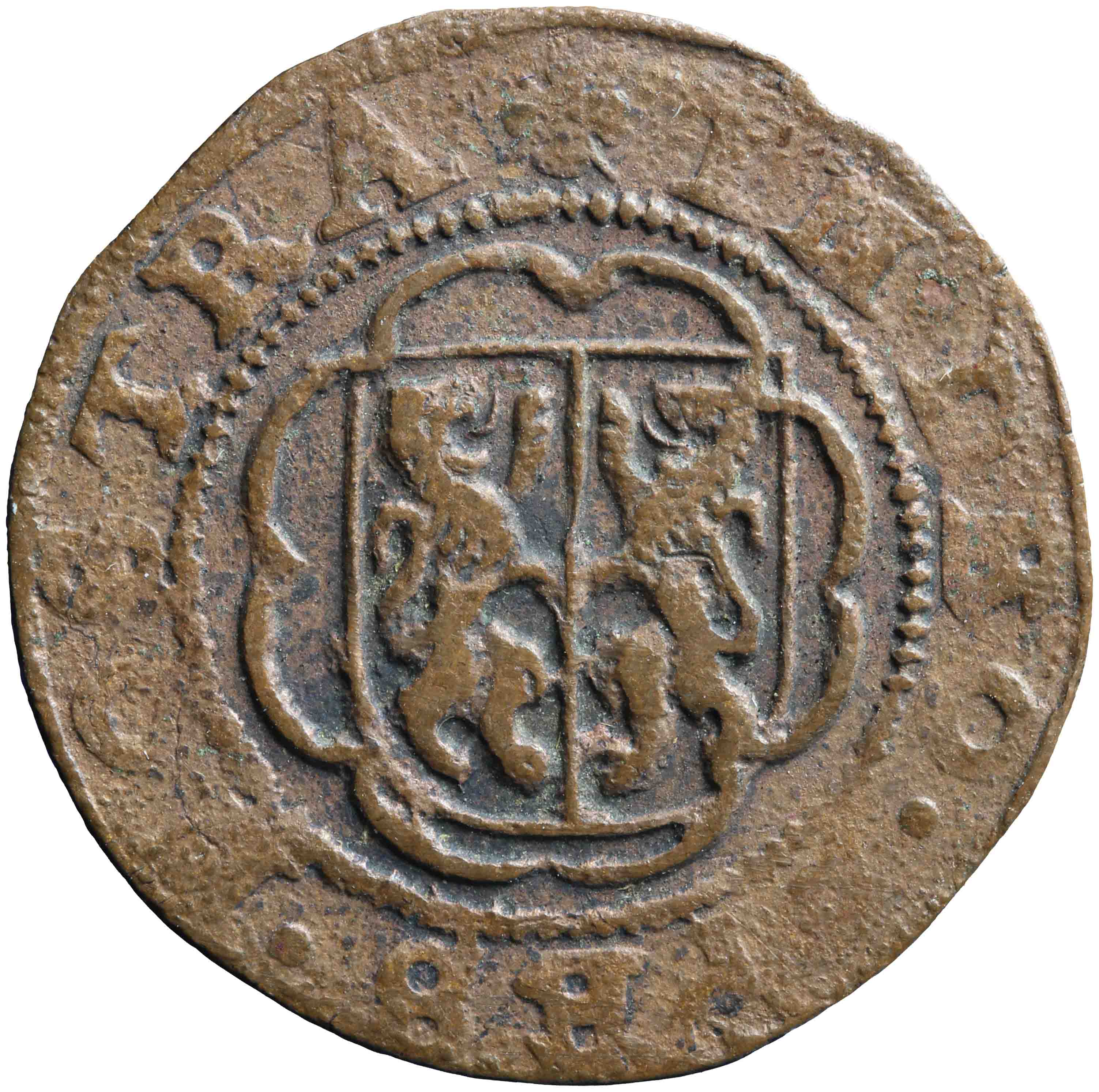 Afbeelding van de voorzijde. duit. Inventarisnummer:HNM-03476