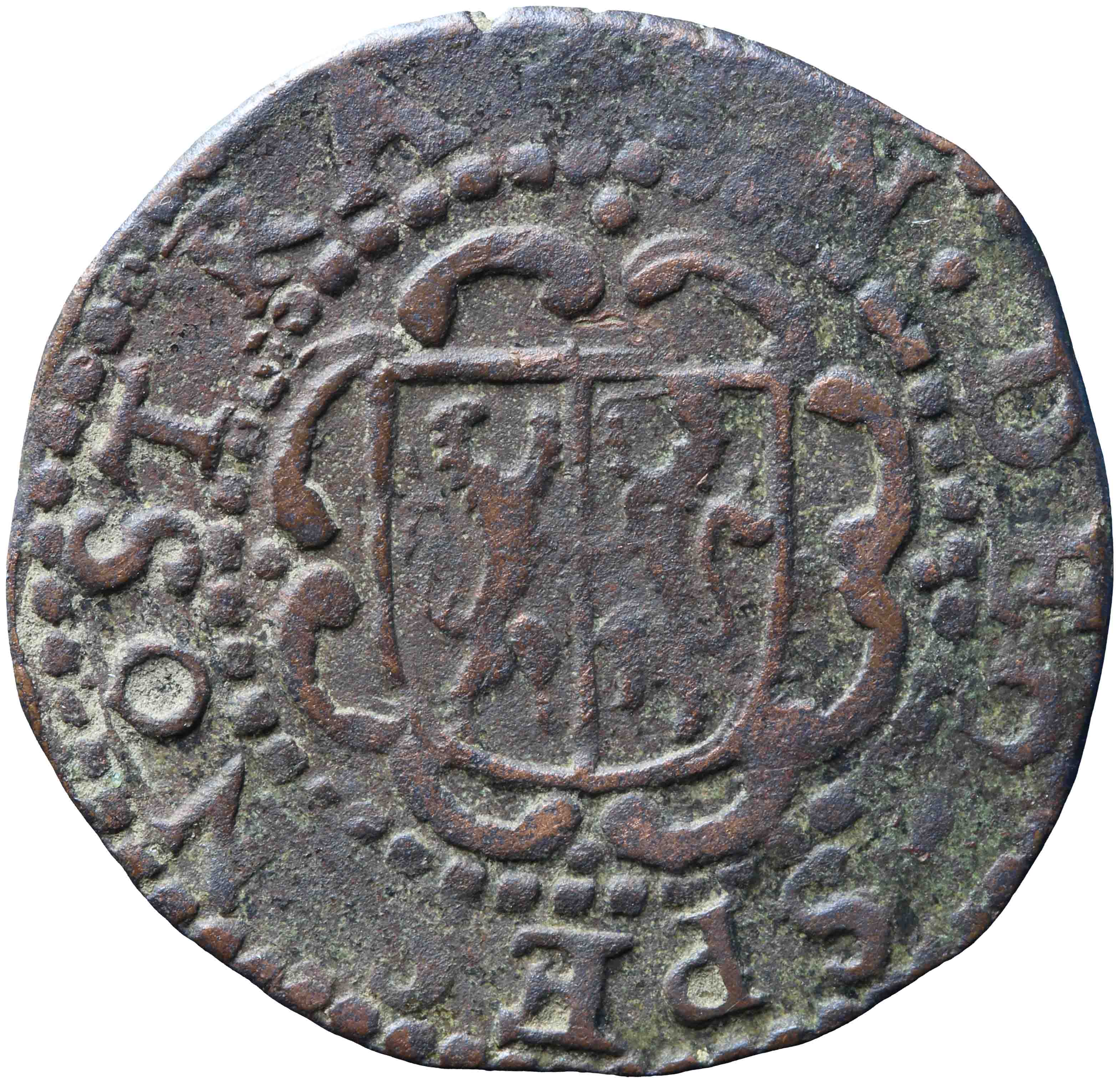 Afbeelding van de voorzijde. duit. Inventarisnummer:HNM-03479