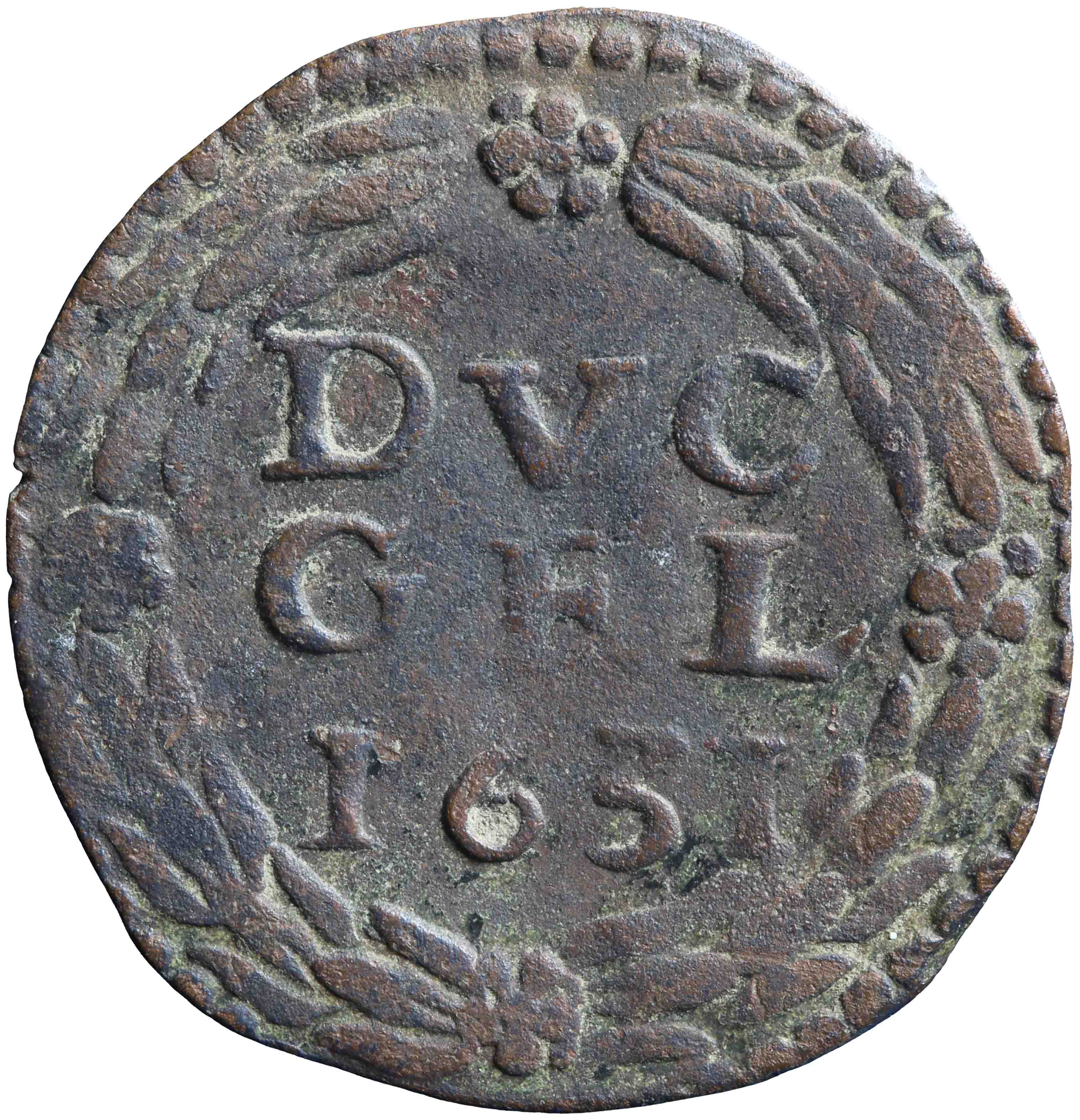 Afbeelding van de keerzijde. duit. Inventarisnummer:HNM-03479