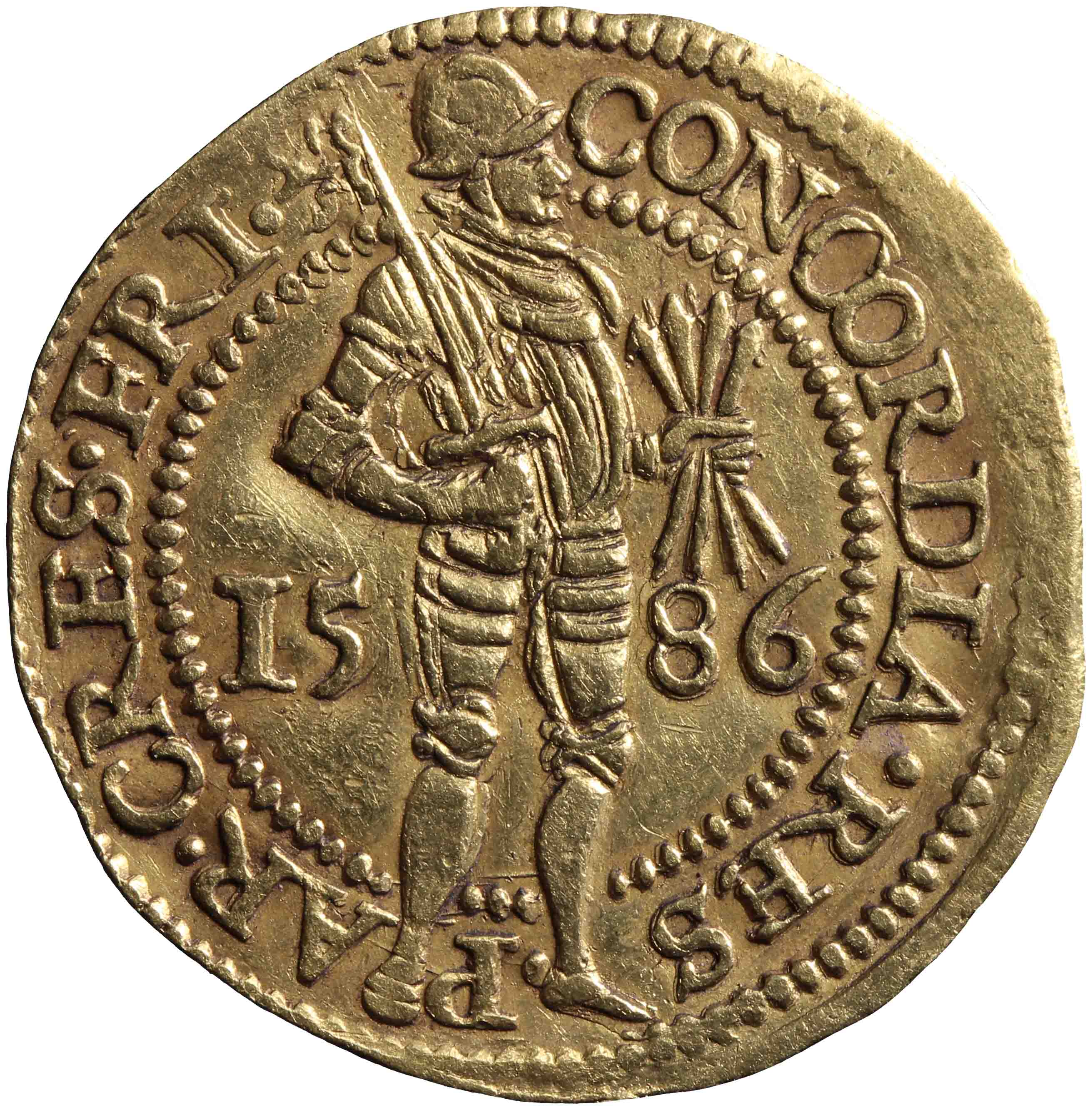 Afbeelding van de voorzijde. gouden dukaat. Inventarisnummer:HNM-03738