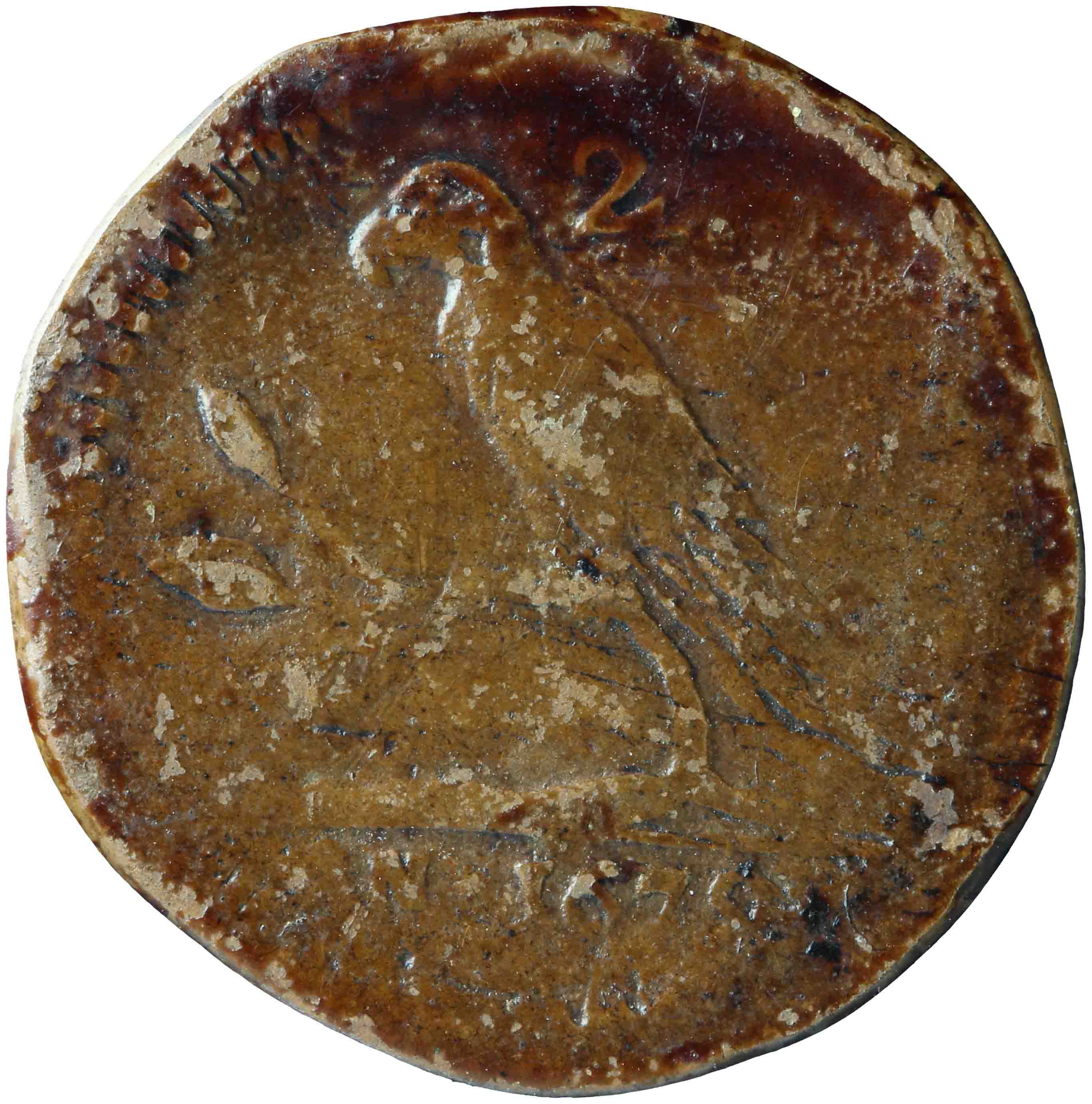 Afbeelding van de voorzijde. twee duit ; papegaaitje. Inventarisnummer:HNM-08574