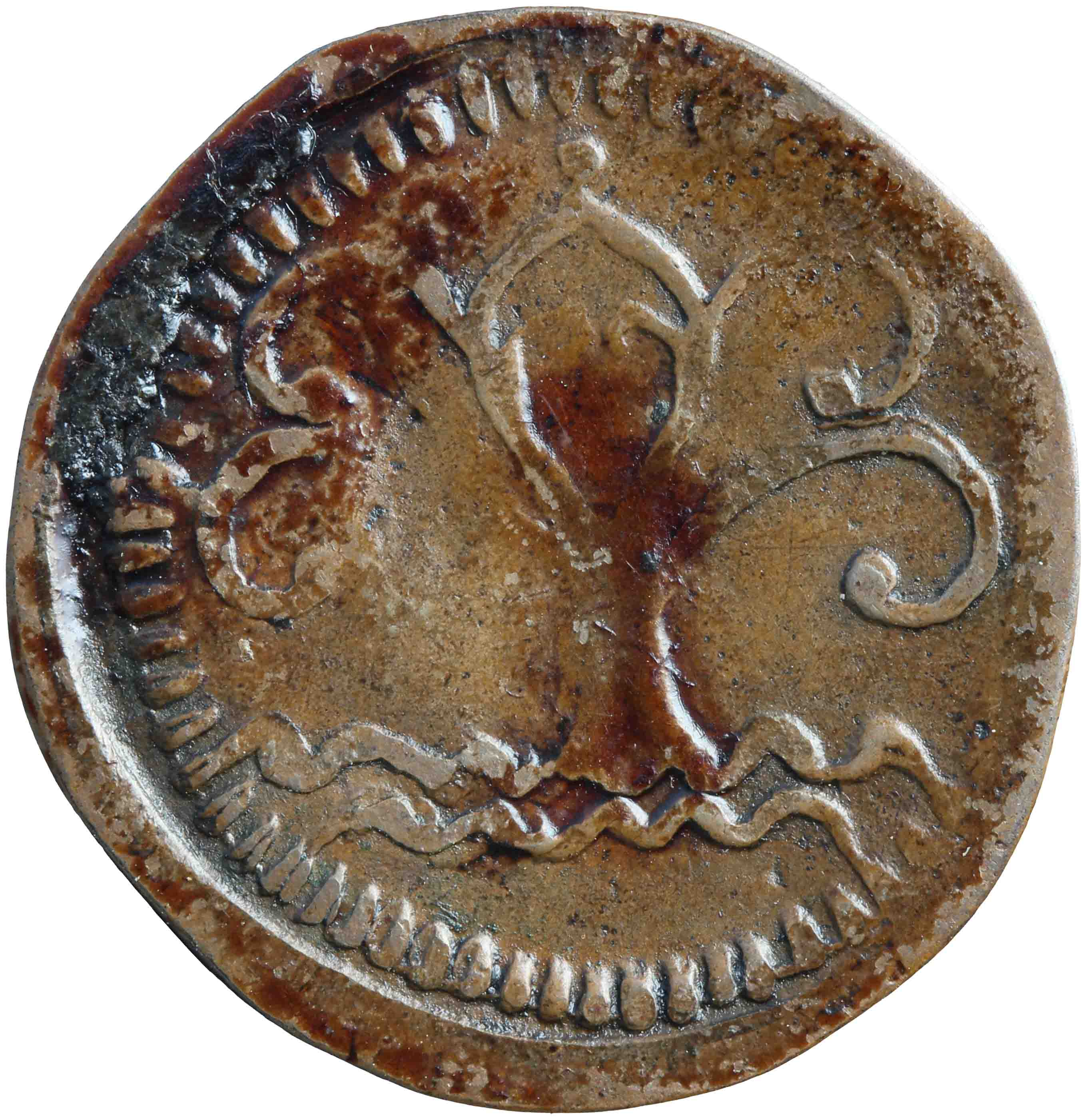 Afbeelding van de keerzijde. twee duit ; papegaaitje. Inventarisnummer:HNM-08574