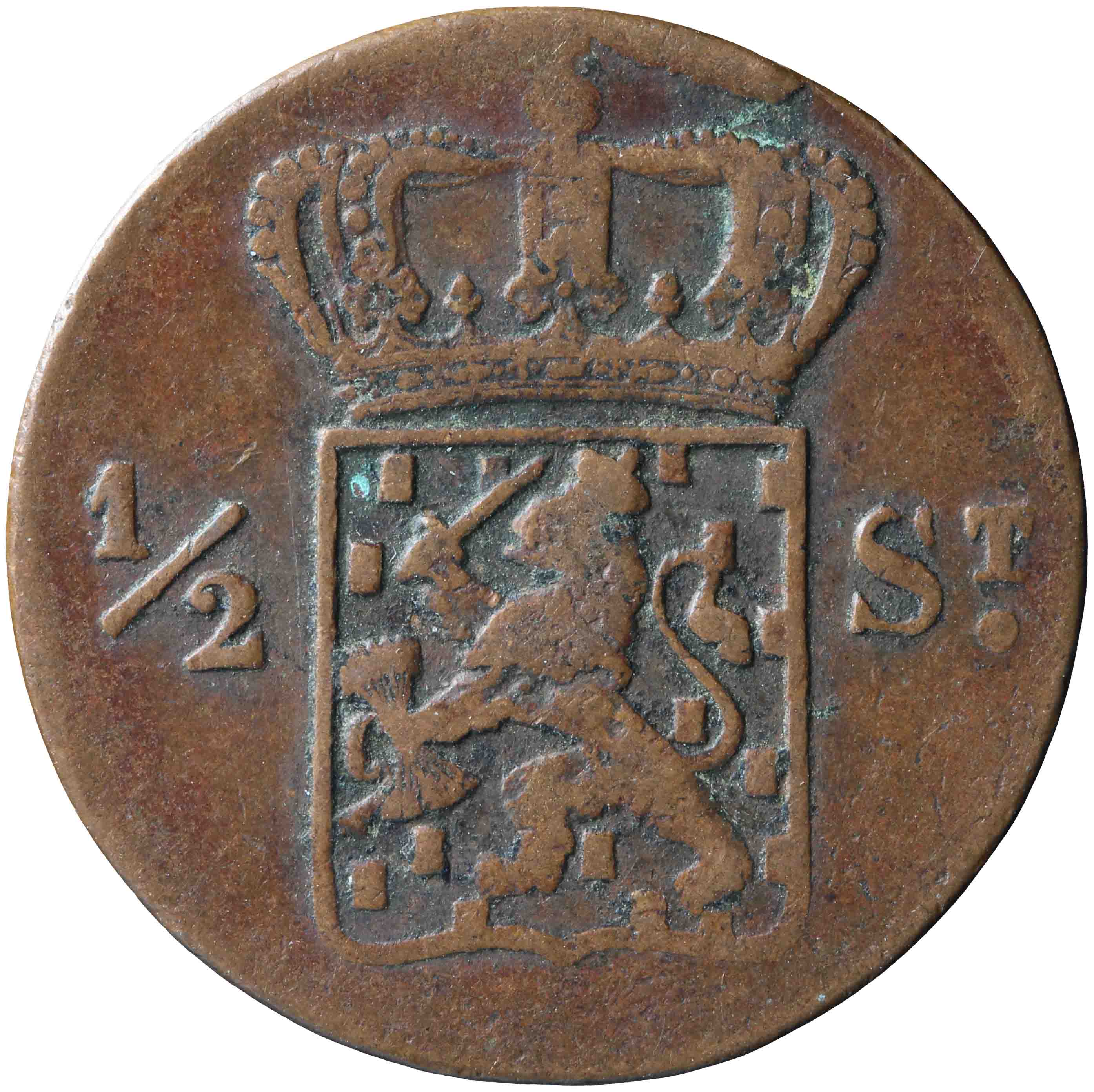 Afbeelding van de voorzijde. halve stuiver. Inventarisnummer:HNM-08626