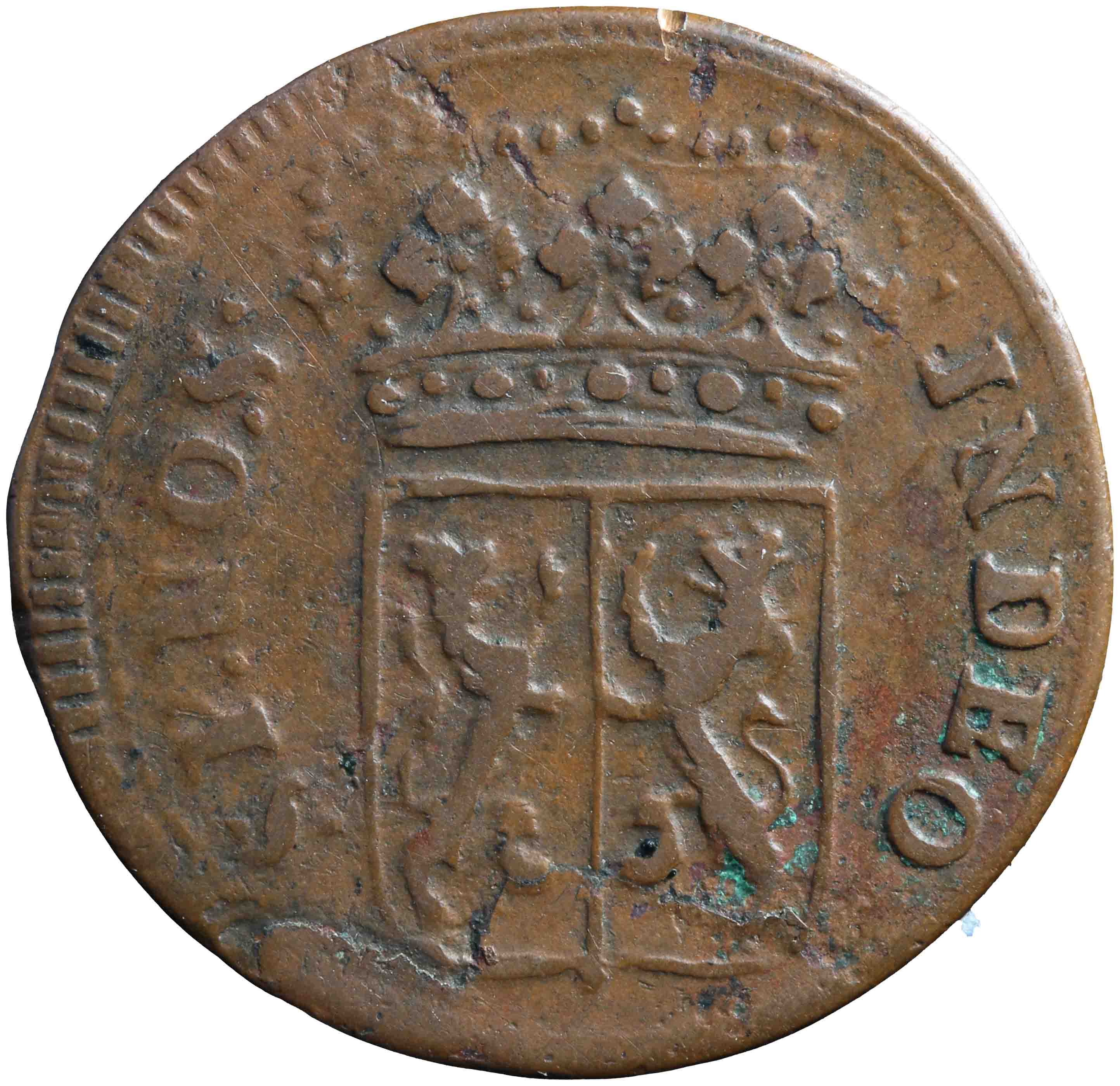 Afbeelding van de voorzijde. duit. Inventarisnummer:HNM-09501