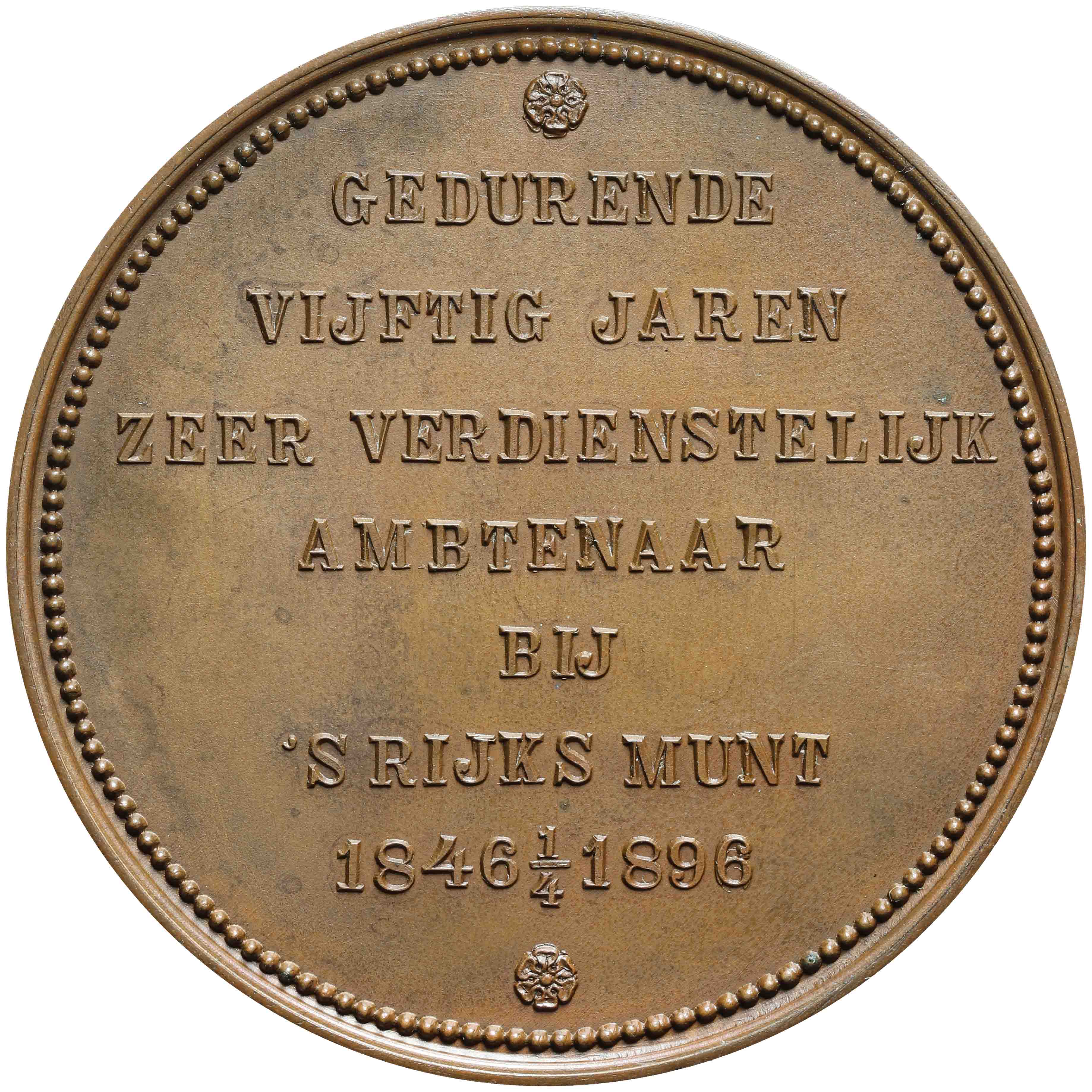 Image of the reverse. Coenraad Proper vijftig jaar muntgezel aan 's Rijks Munt. Inventory number:HNM-10208