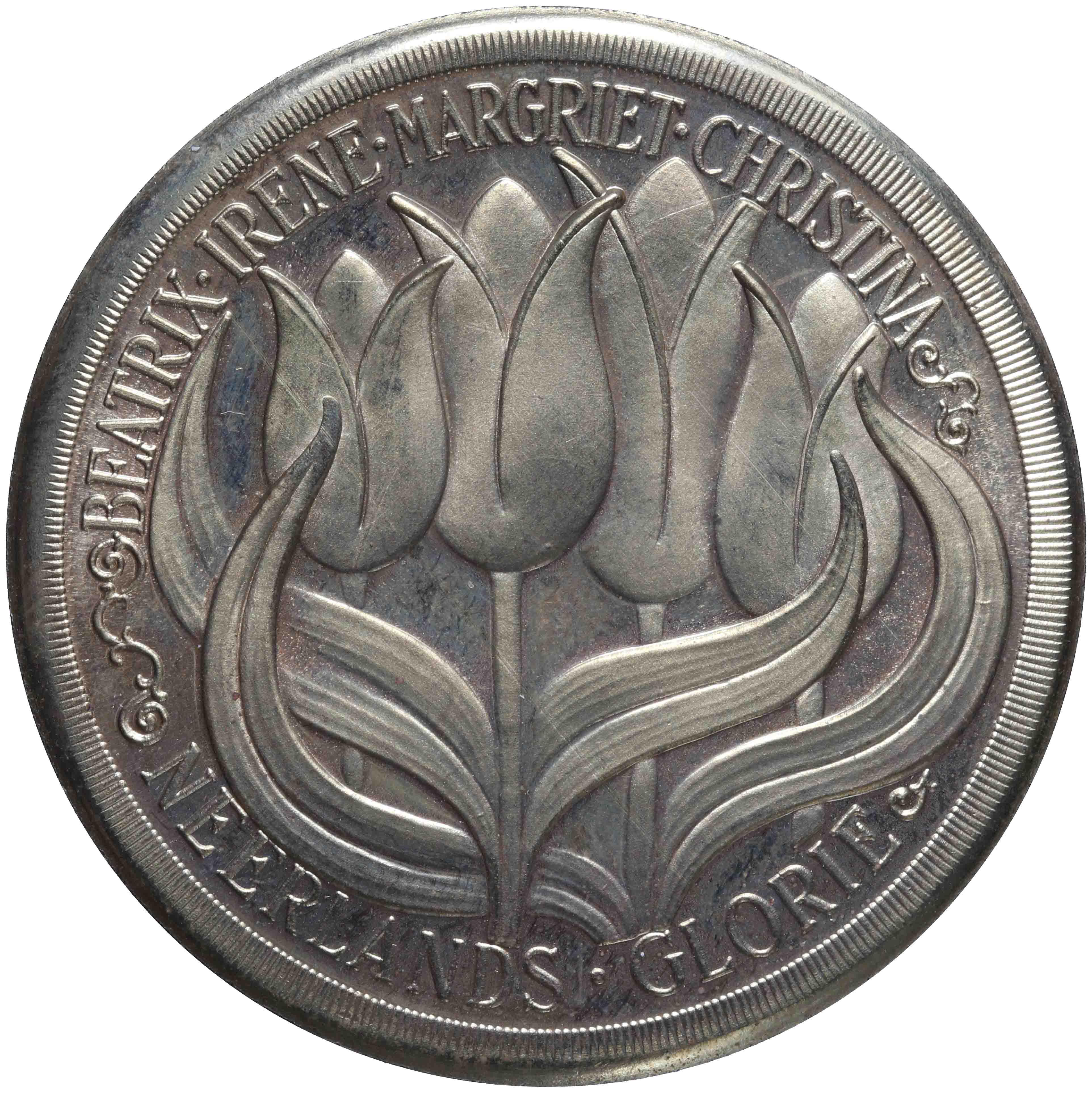 Image of the reverse. Den Haag: Holland Coin Fair in het Congresgebouw, t.g.v. gouden huwelijk van prinses Juliana en prins Bernhard en 1e lustrum van de Ned. Ver. van Munt Handelaren (N.V.M.H) (Piedfort). Inventory number:HNM-12610