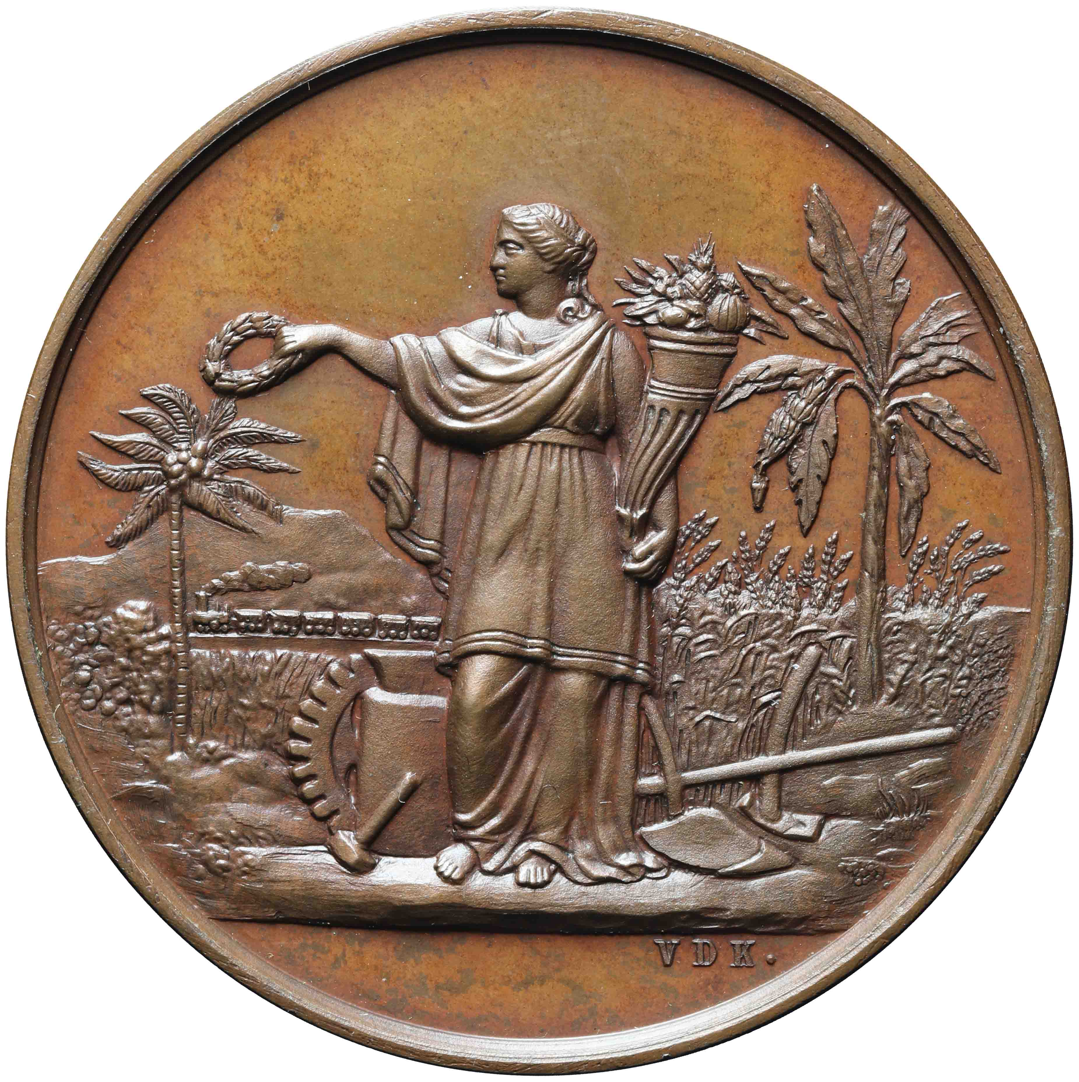 Afbeelding van de voorzijde. Prijspenning van de tentoonstelling in de Planten- en Dierentuin te Batavia. Inventarisnummer:HNM-13395