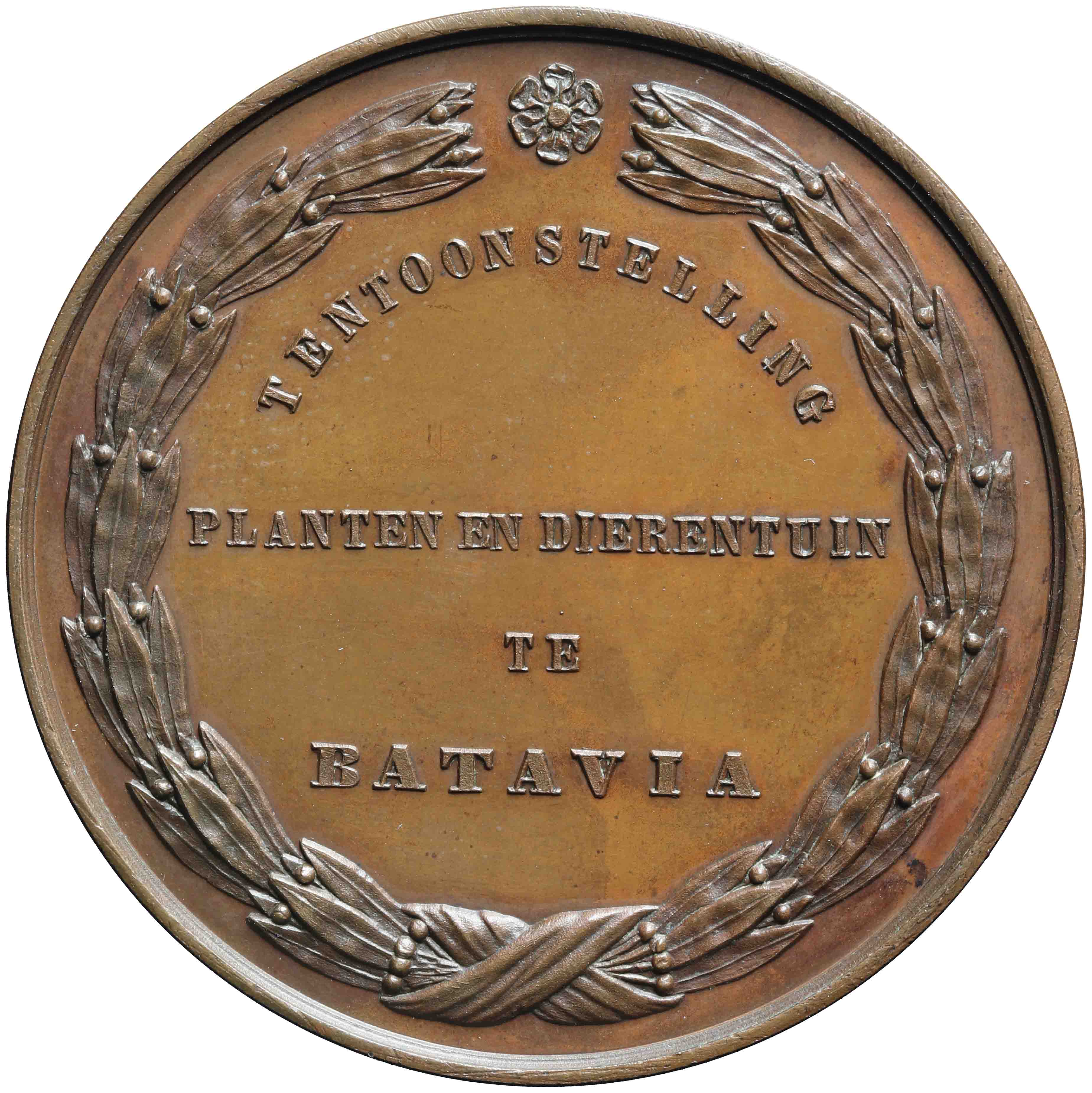 Afbeelding van de keerzijde. Prijspenning van de tentoonstelling in de Planten- en Dierentuin te Batavia. Inventarisnummer:HNM-13395