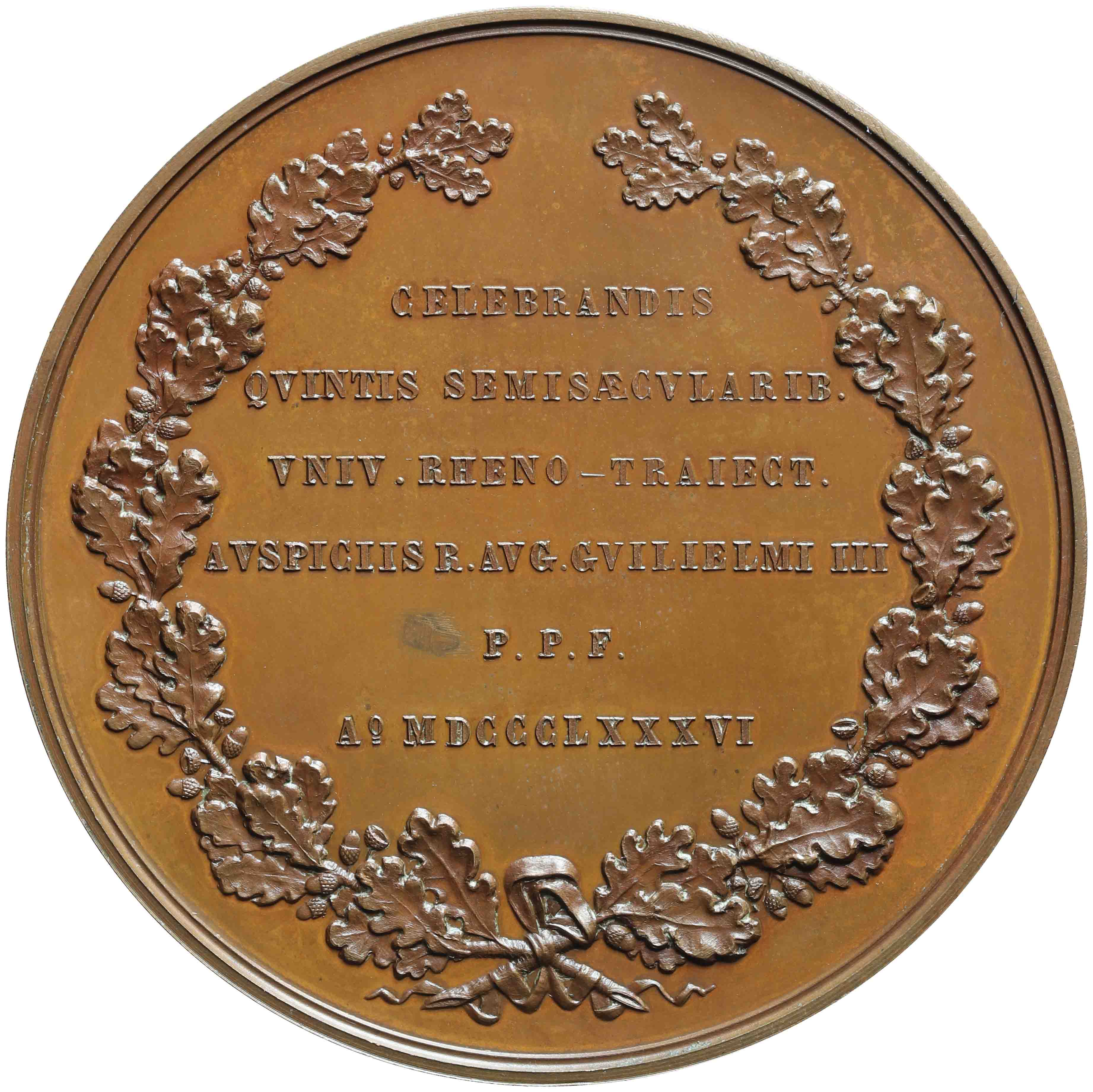 Afbeelding van de keerzijde. Utrechtse Hogeschool, 250-jarig bestaan ; 250-jarig bestaan Universiteit Utrecht. Inventarisnummer:HNM-13406