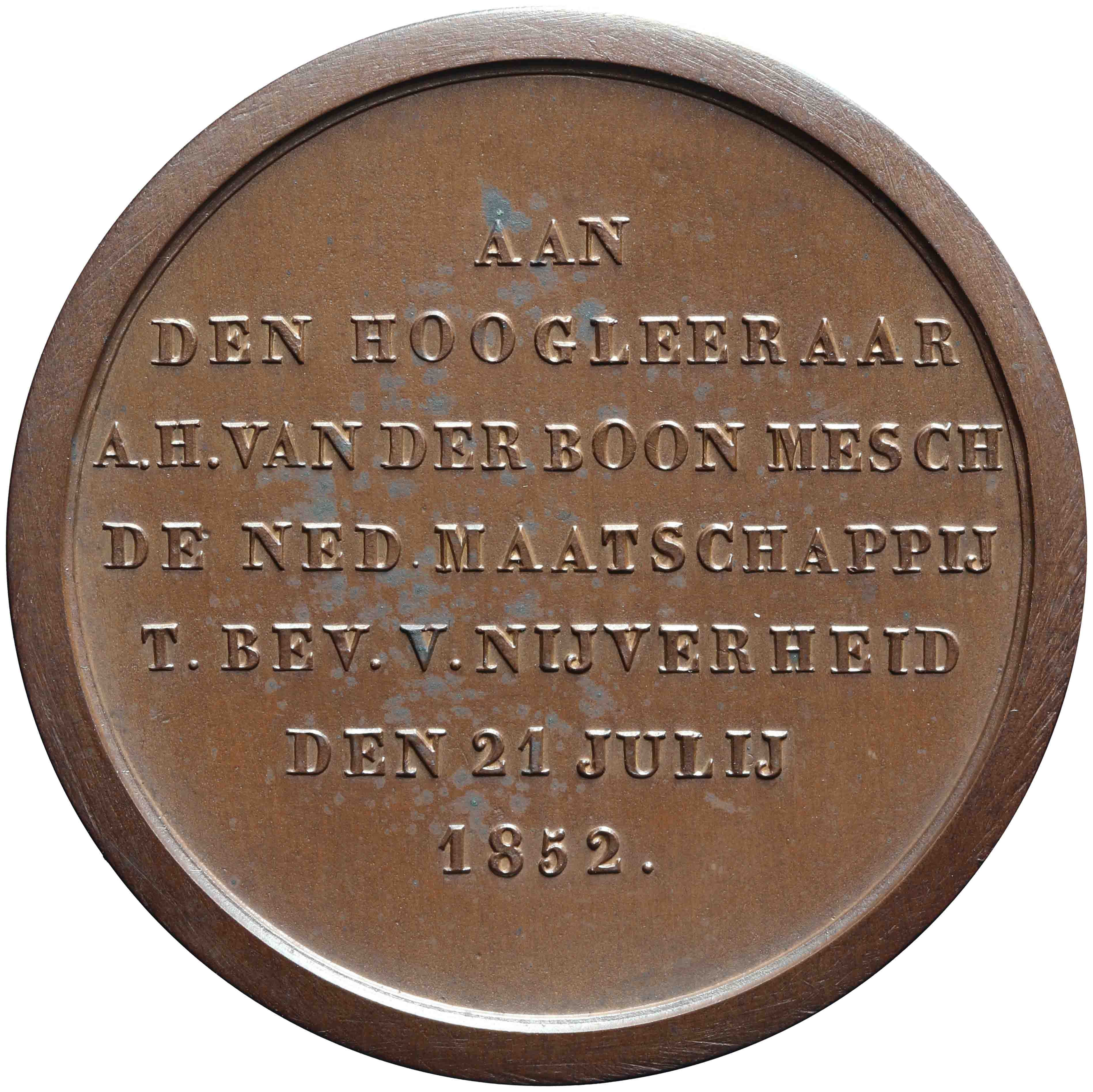 Afbeelding van de voorzijde. A.H. Boon Mesch ; vereerd door de Nederlandse Maatschappij ter bevordering van nijverheid. Inventarisnummer:HNM-13524