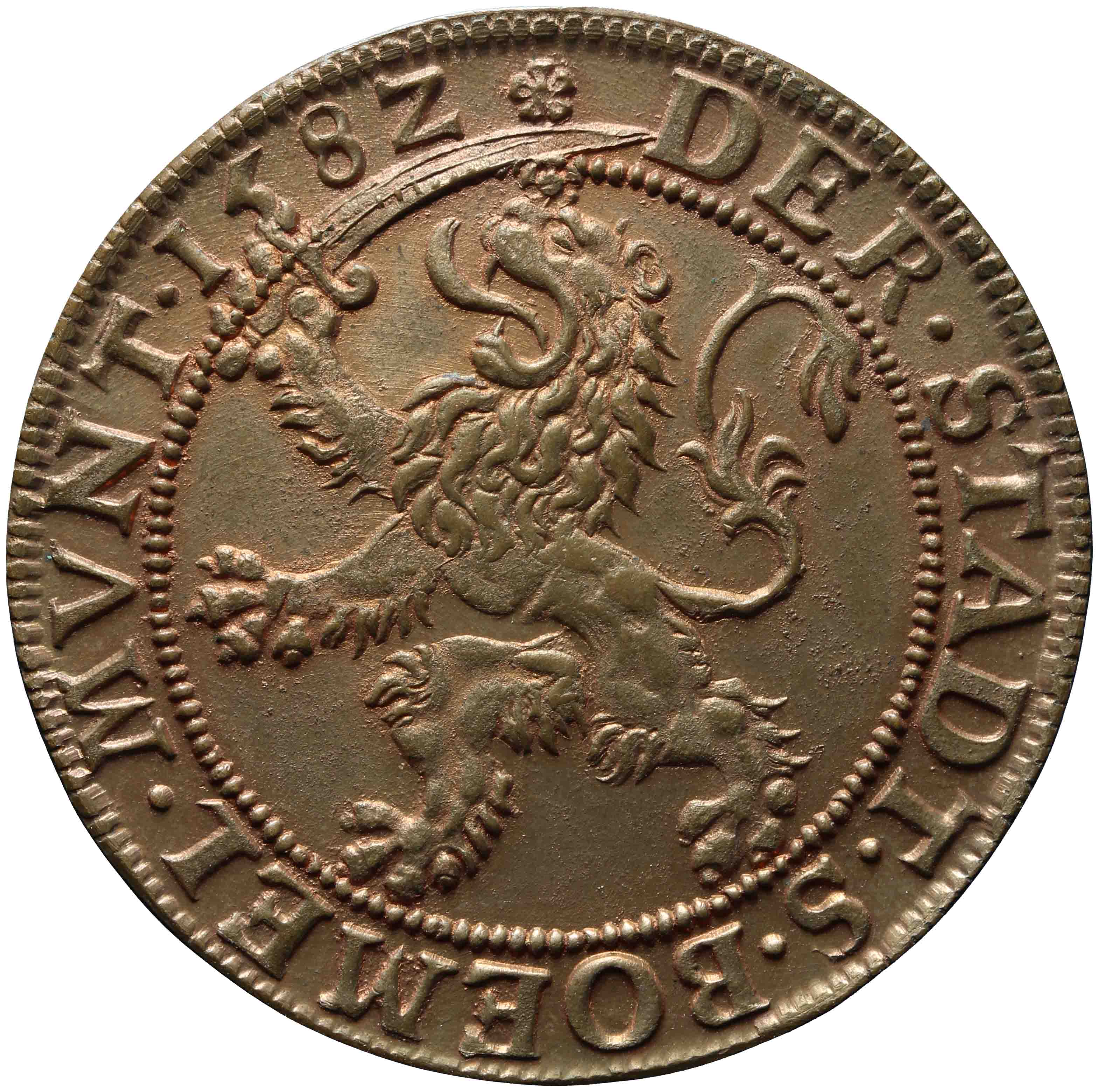 Image of the obverse. Replica in koper van munt van Zaltbommel, daalder van 30 stuiver 1582. Inventory number:HNM-47261