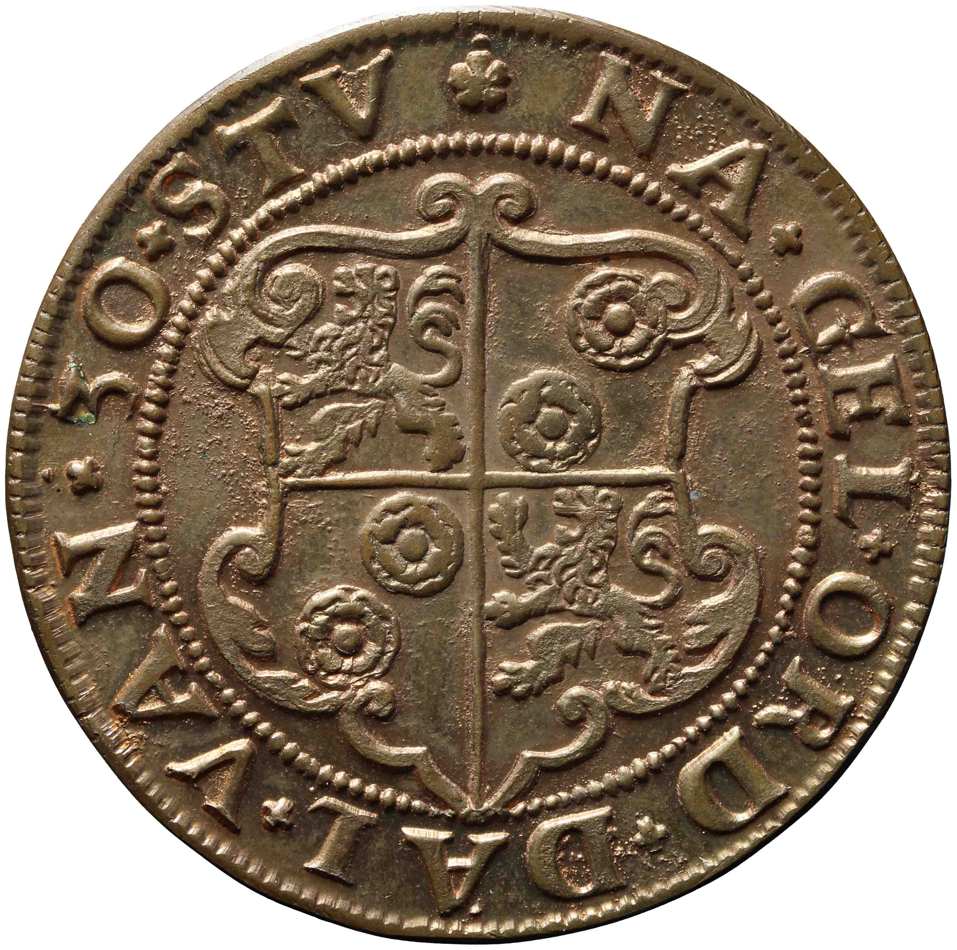 Image of the reverse. Replica in koper van munt van Zaltbommel, daalder van 30 stuiver 1582. Inventory number:HNM-47261