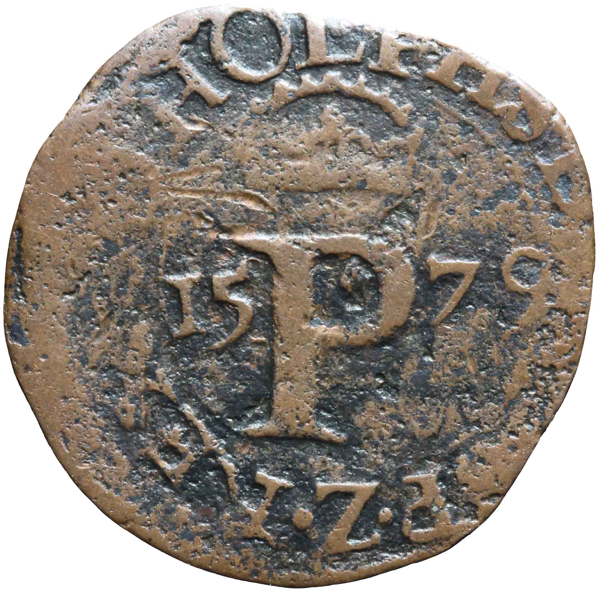 Afbeelding van de voorzijde. penning of denier of drie mijt of halve duit. Inventarisnummer:MA-00167
