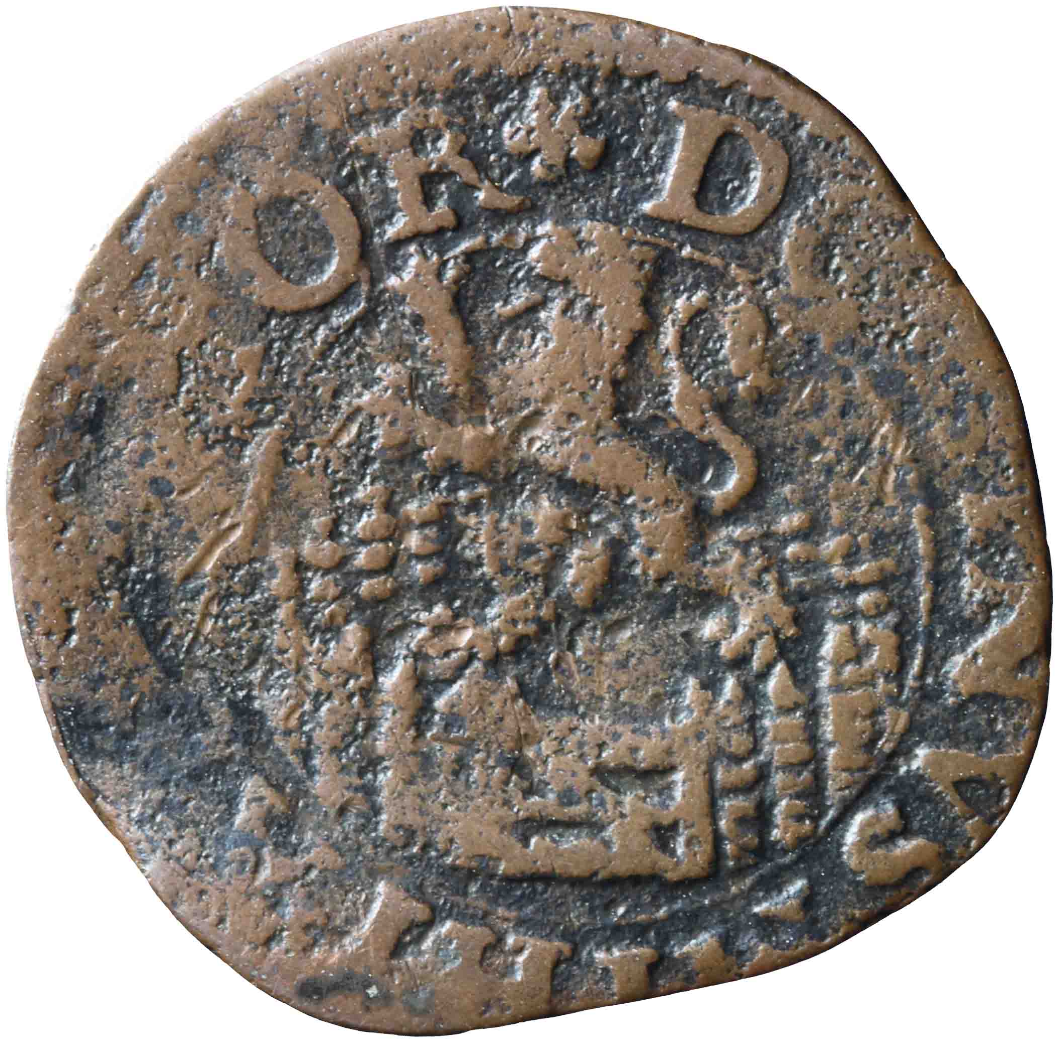 Afbeelding van de keerzijde. penning of denier of drie mijt of halve duit. Inventarisnummer:MA-00167