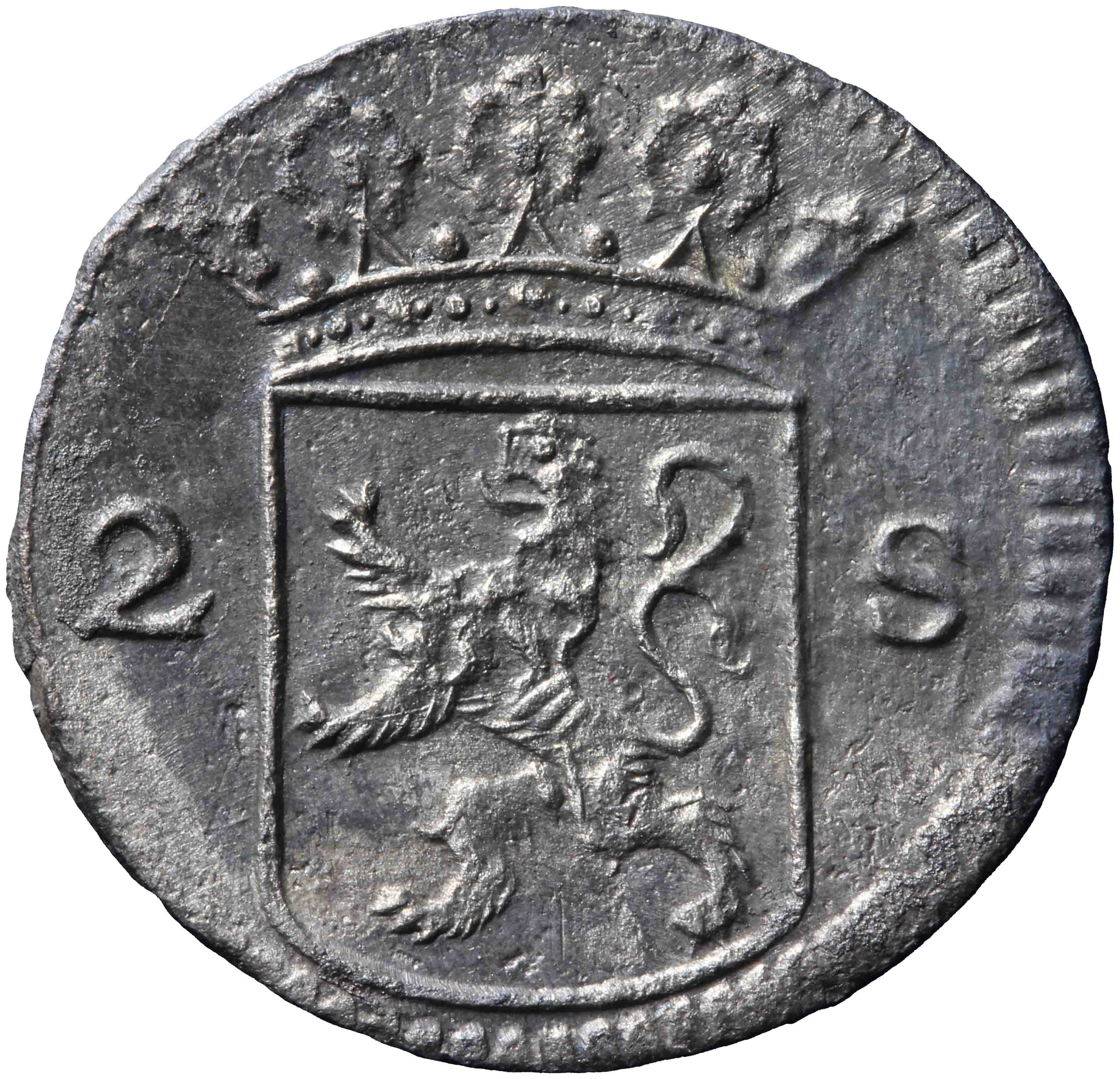 Afbeelding van de voorzijde. dubbele wapenstuiver. Inventarisnummer:MU-05397