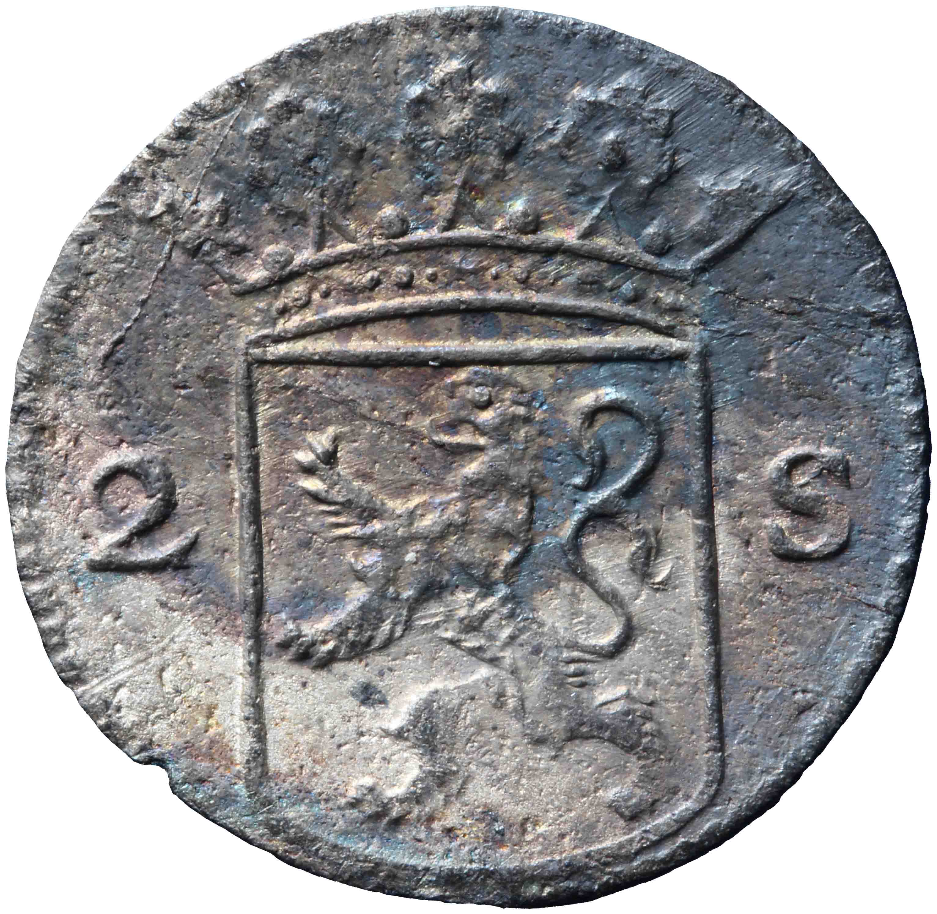 Afbeelding van de voorzijde. dubbele wapenstuiver. Inventarisnummer:MU-05402