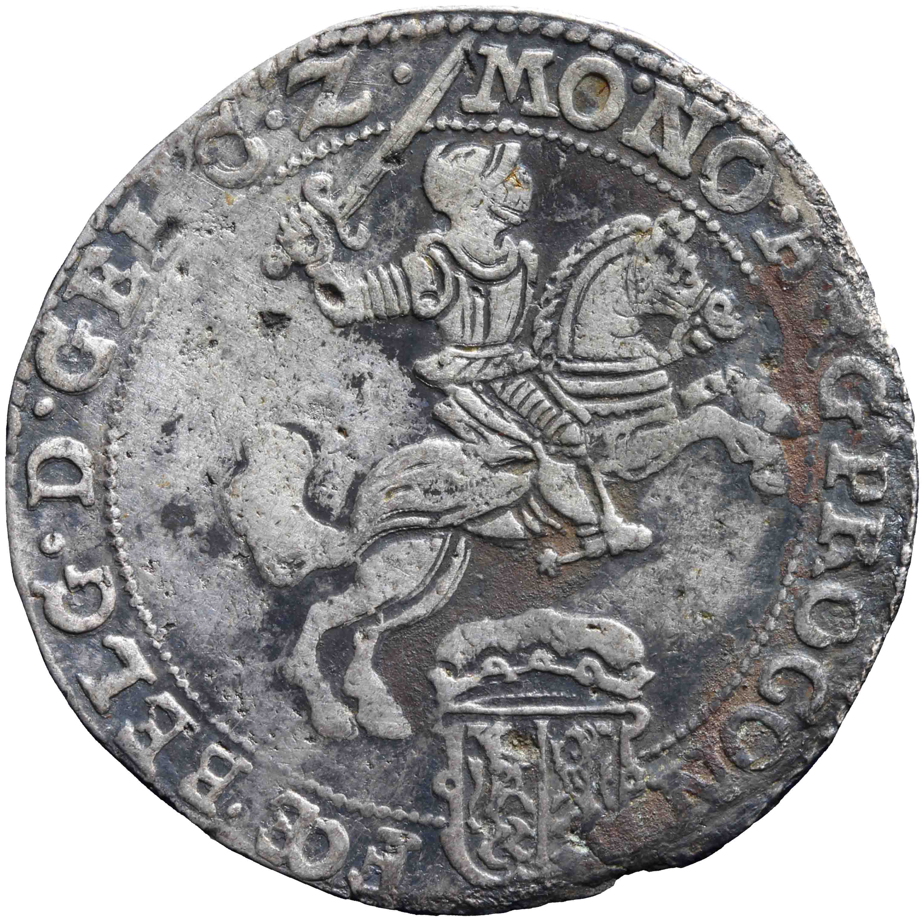 Afbeelding van de voorzijde. halve zilveren rijder of halve dukaton. Inventarisnummer:MU-19662