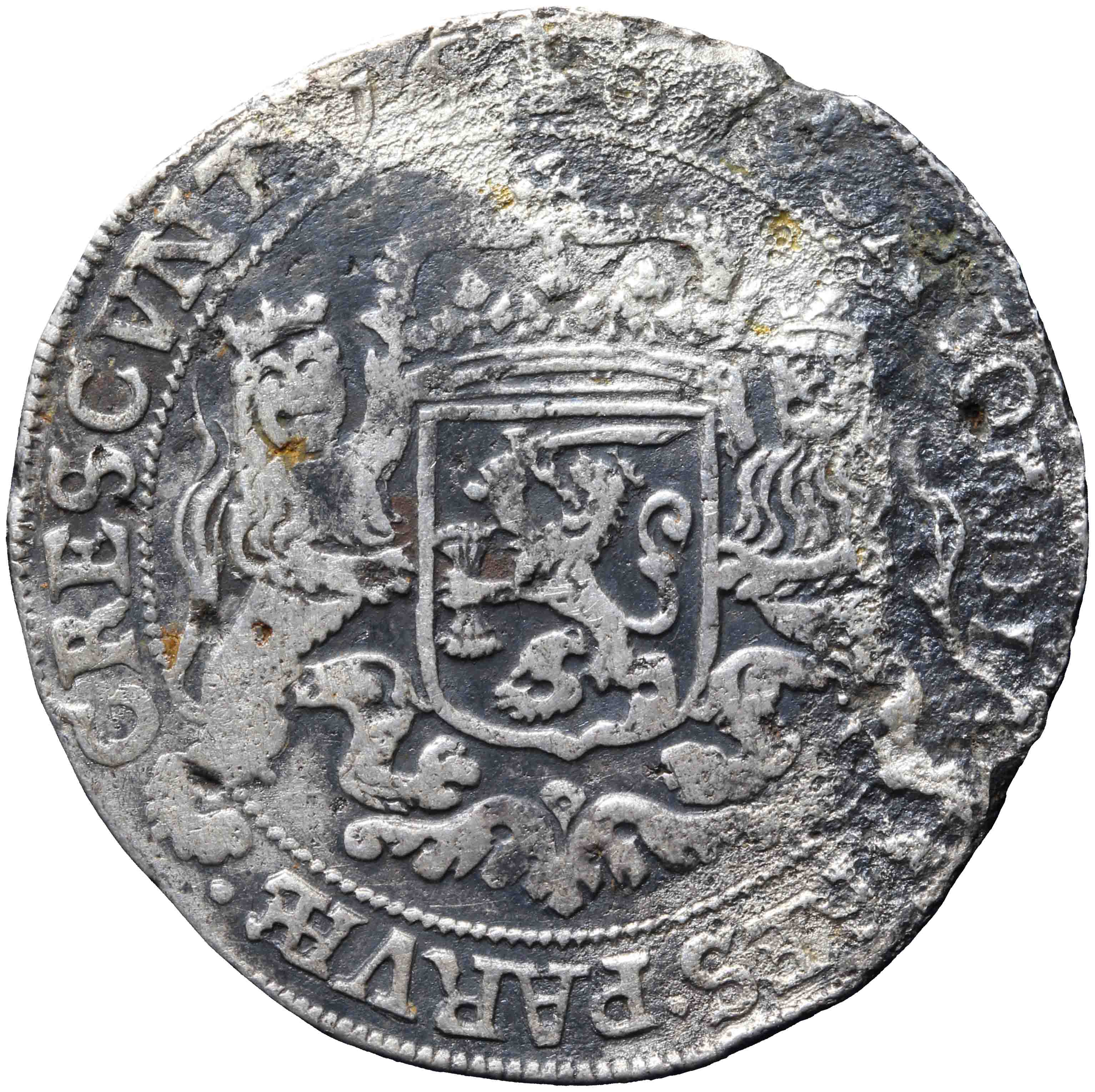 Afbeelding van de keerzijde. halve zilveren rijder of halve dukaton. Inventarisnummer:MU-19662