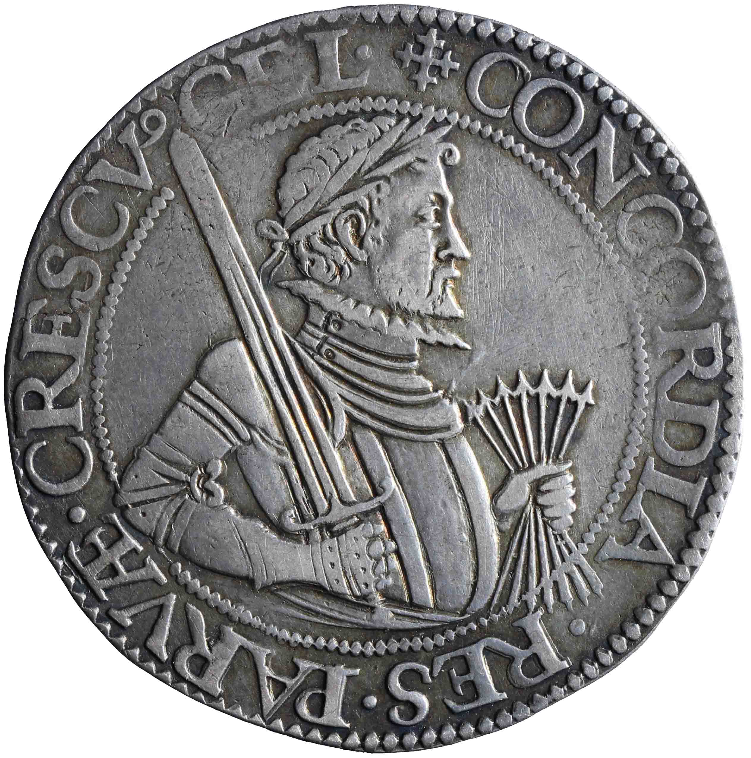 Afbeelding van de voorzijde. Nederlandse, unie of Leicester rijksdaalder. Inventarisnummer:NM-00791