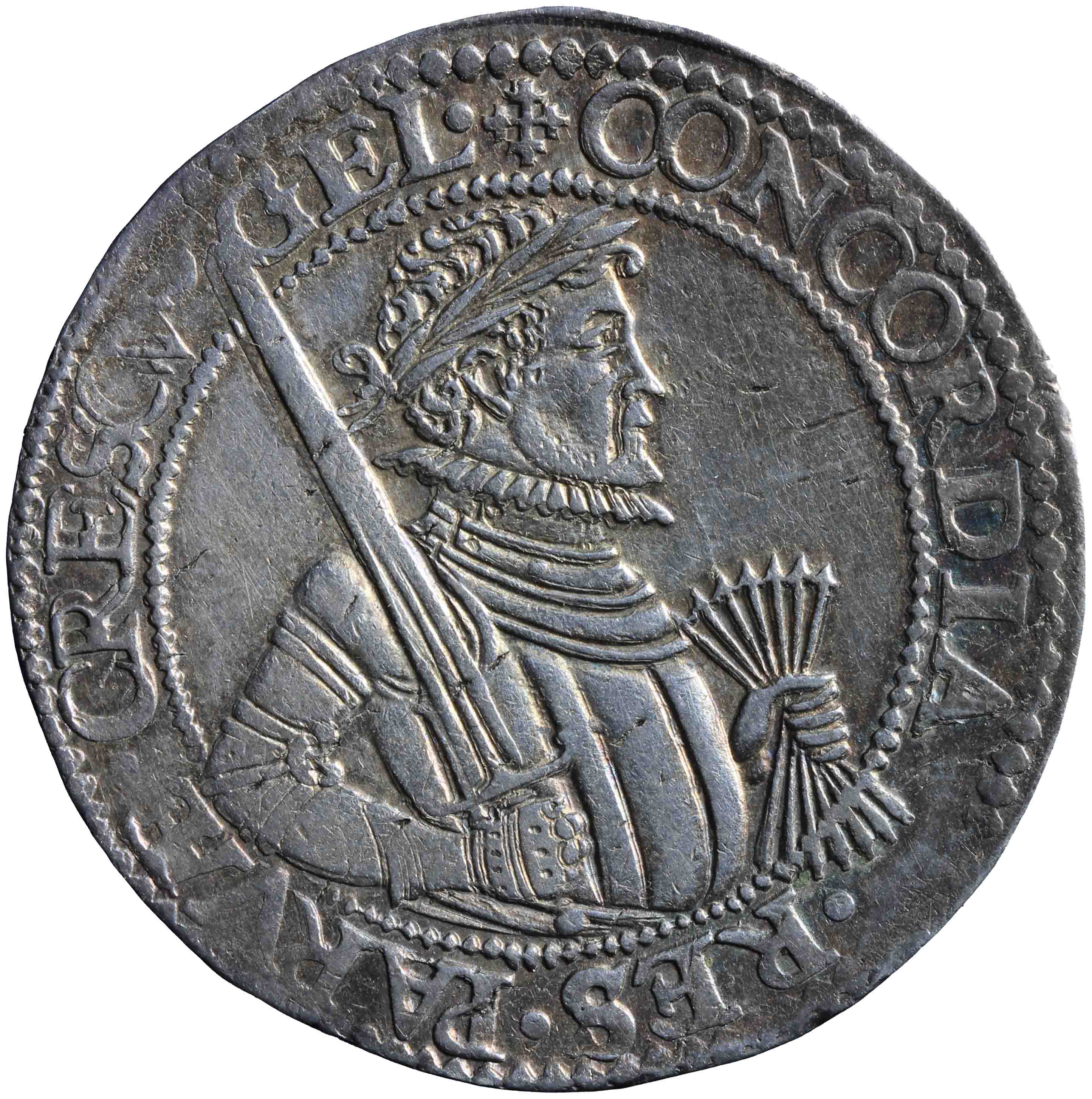 Afbeelding van de voorzijde. halve Nederlandse, unie of Leicester rijksdaalder. Inventarisnummer:NM-00794