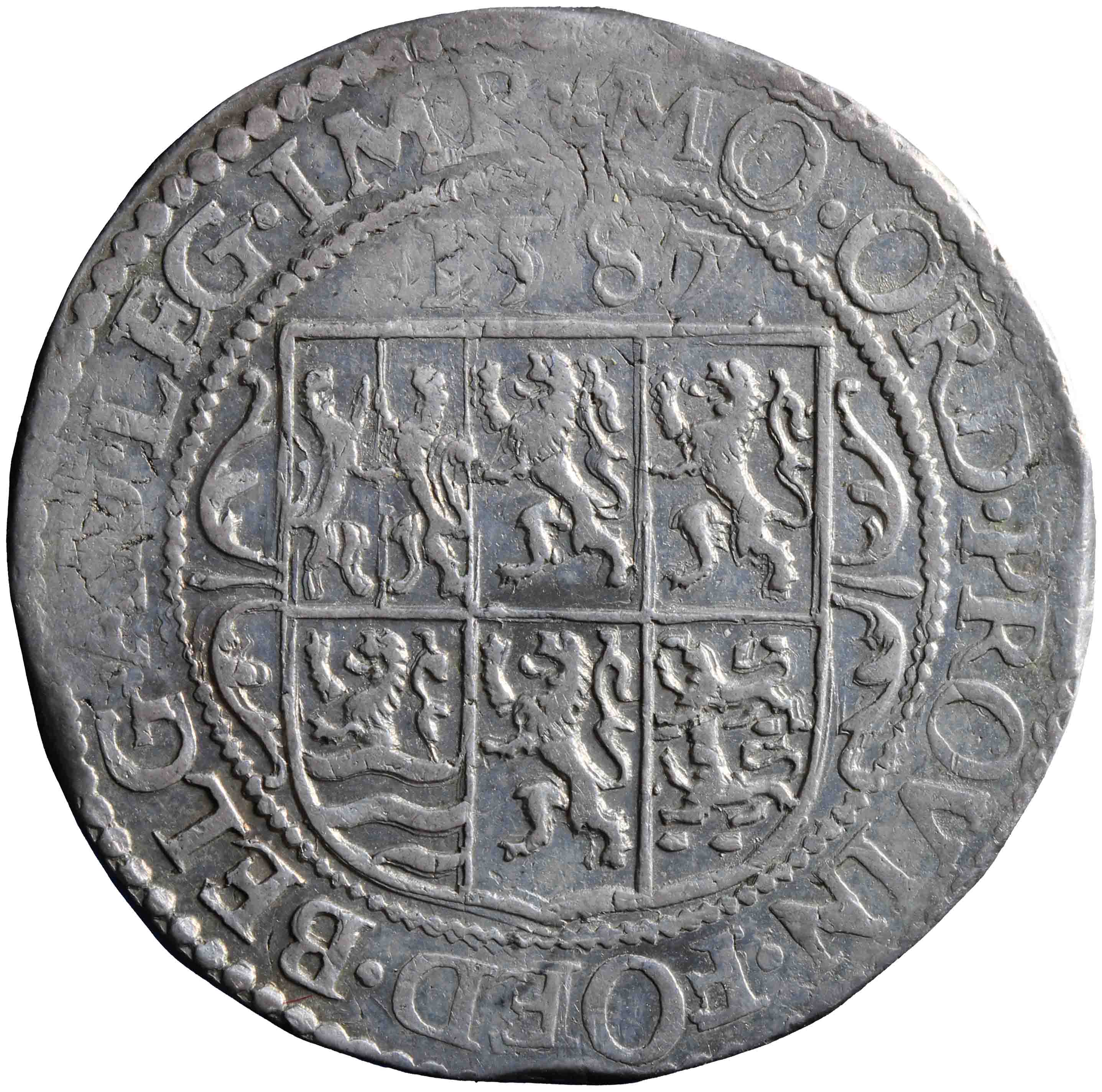 Afbeelding van de keerzijde. halve Nederlandse, unie of Leicester rijksdaalder. Inventarisnummer:NM-00794