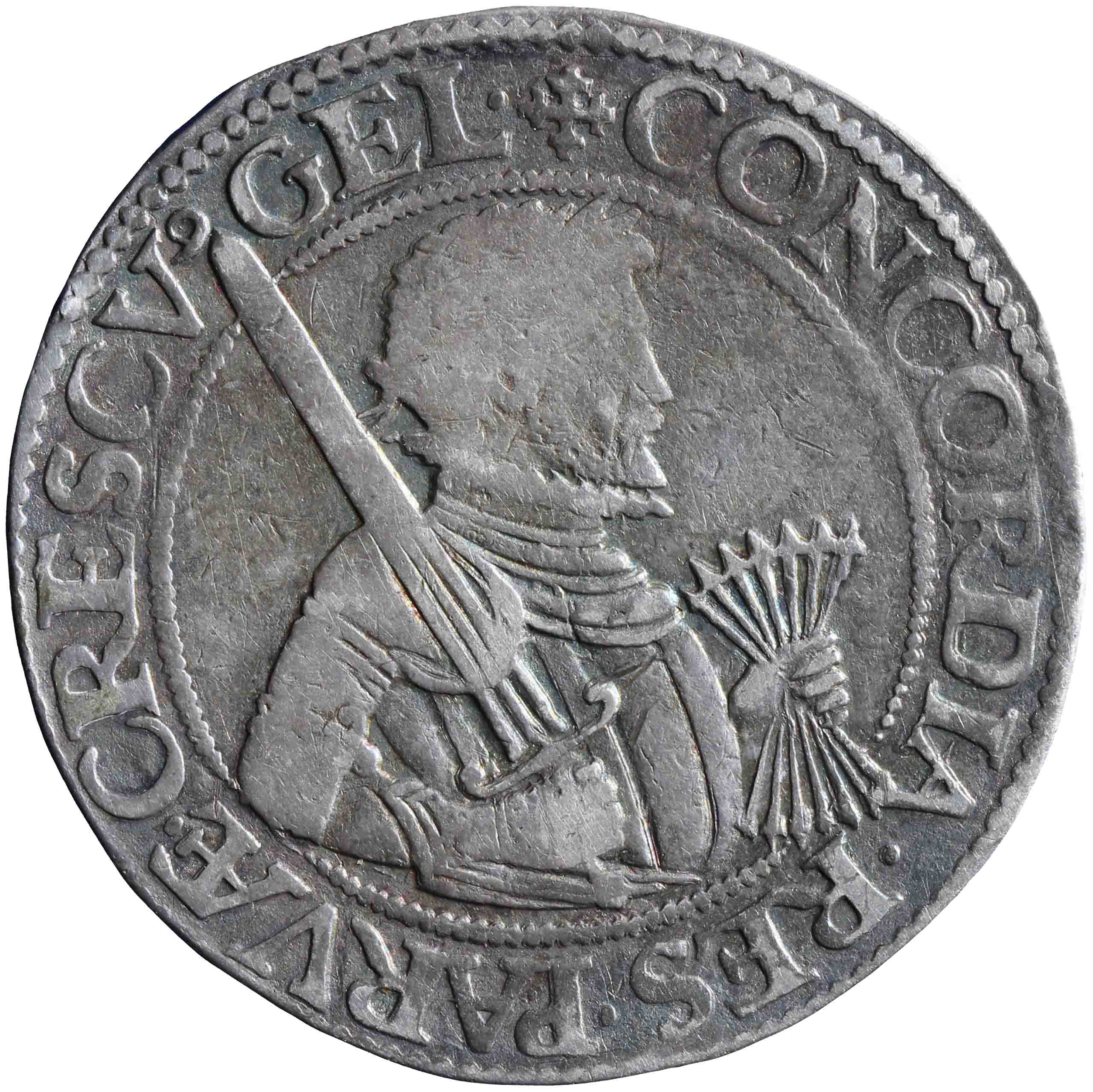 Afbeelding van de voorzijde. Nederlandse, unie of Leicester rijksdaalder. Inventarisnummer:NM-00828