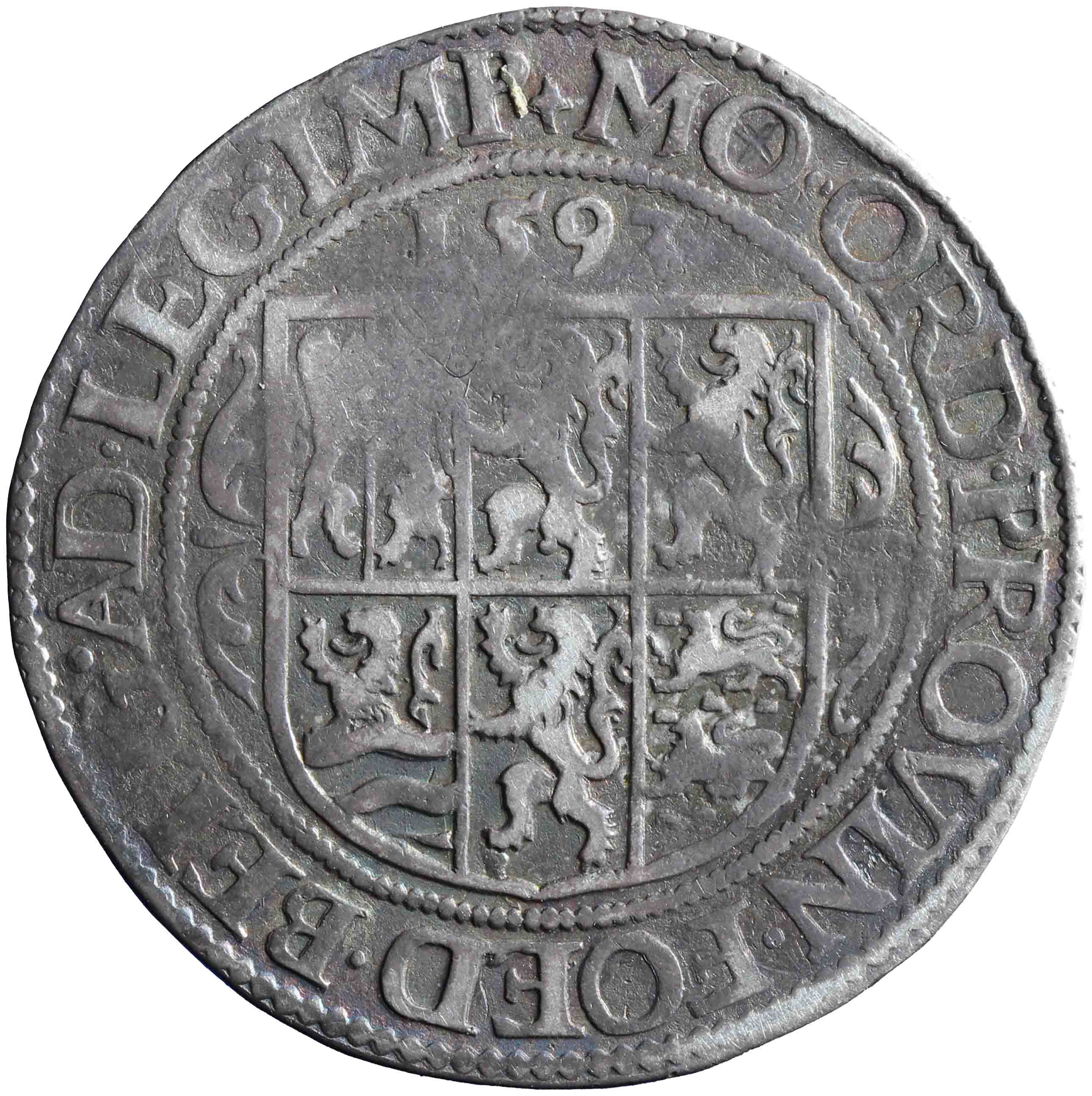Afbeelding van de keerzijde. Nederlandse, unie of Leicester rijksdaalder. Inventarisnummer:NM-00828