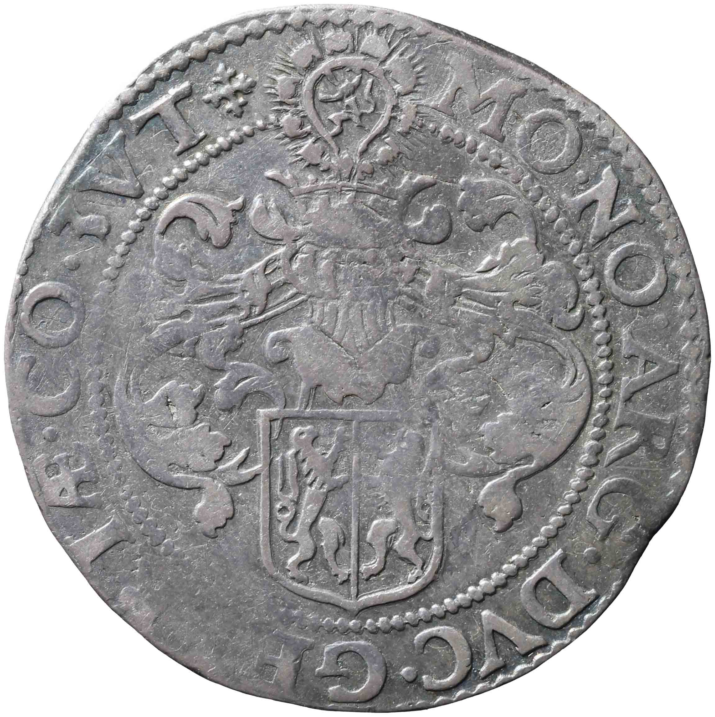 Afbeelding van de keerzijde. halve Gelderse of gehelmde rijksdaalder of halve prinsendaalder. Inventarisnummer:NM-00830