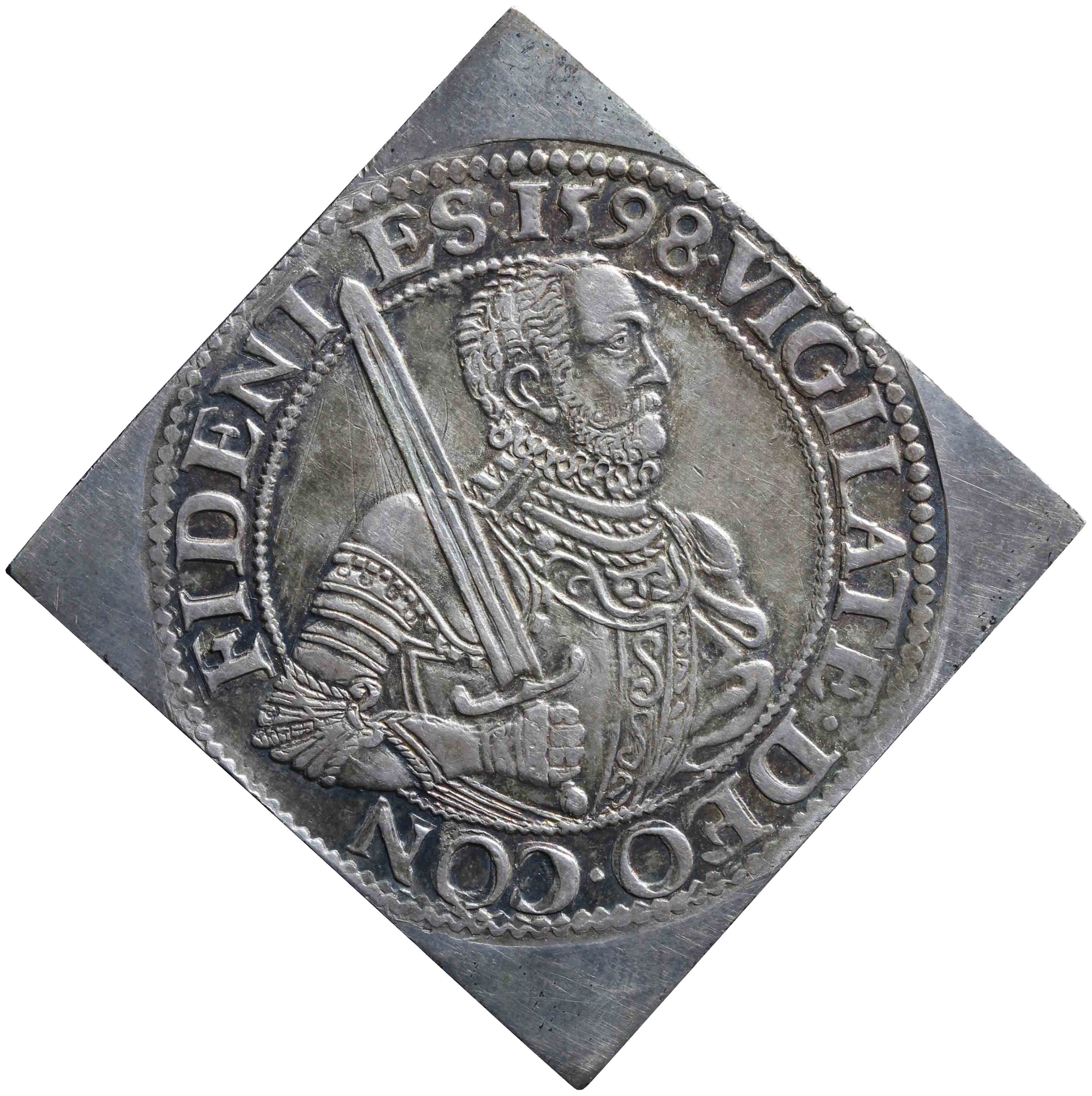 Afbeelding van de voorzijde. Gelderse of gehelmde rijksdaalder of prinsendaalder. Inventarisnummer:NM-00837
