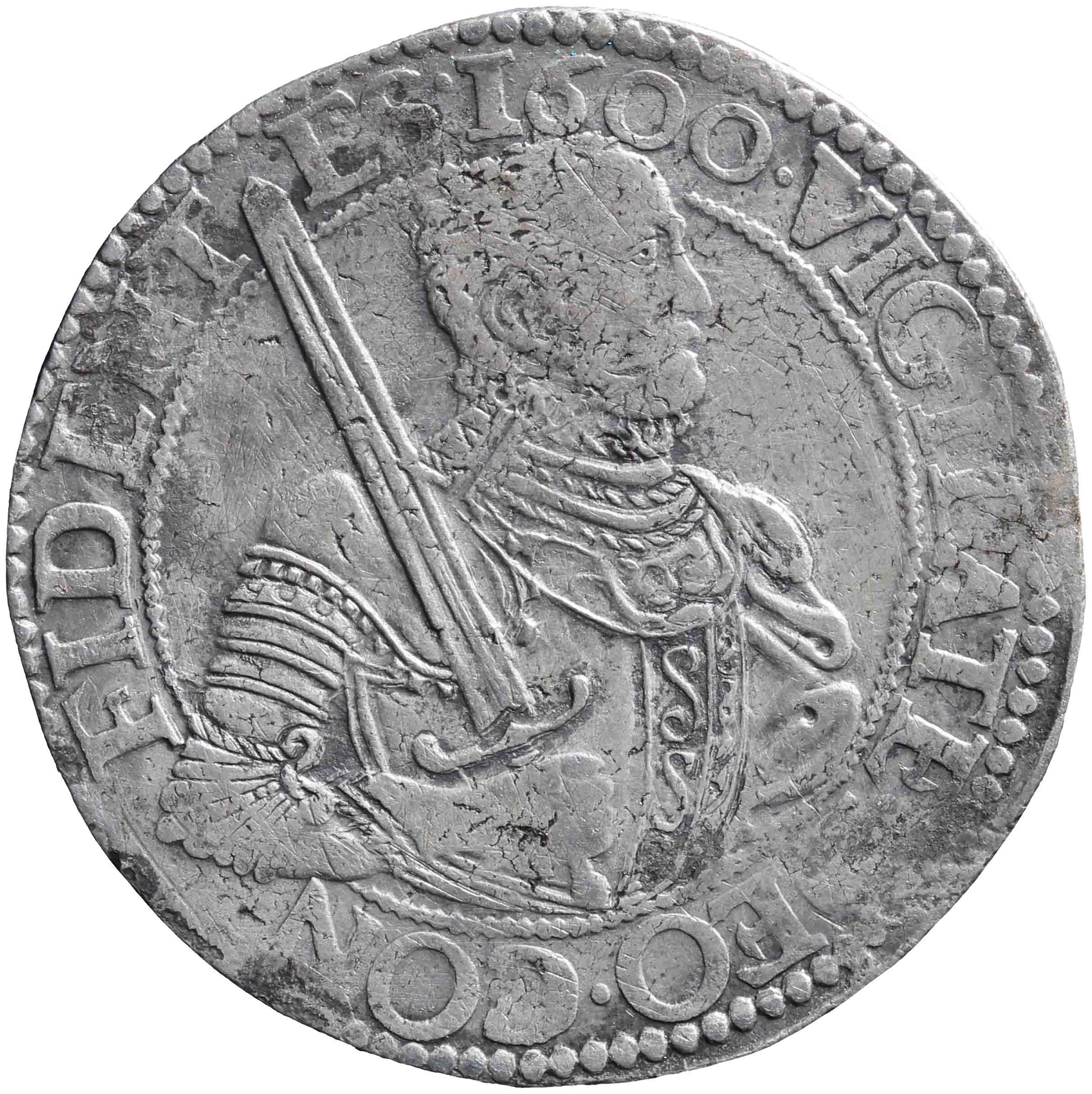 Afbeelding van de voorzijde. Gelderse of gehelmde rijksdaalder of prinsendaalder. Inventarisnummer:NM-00844