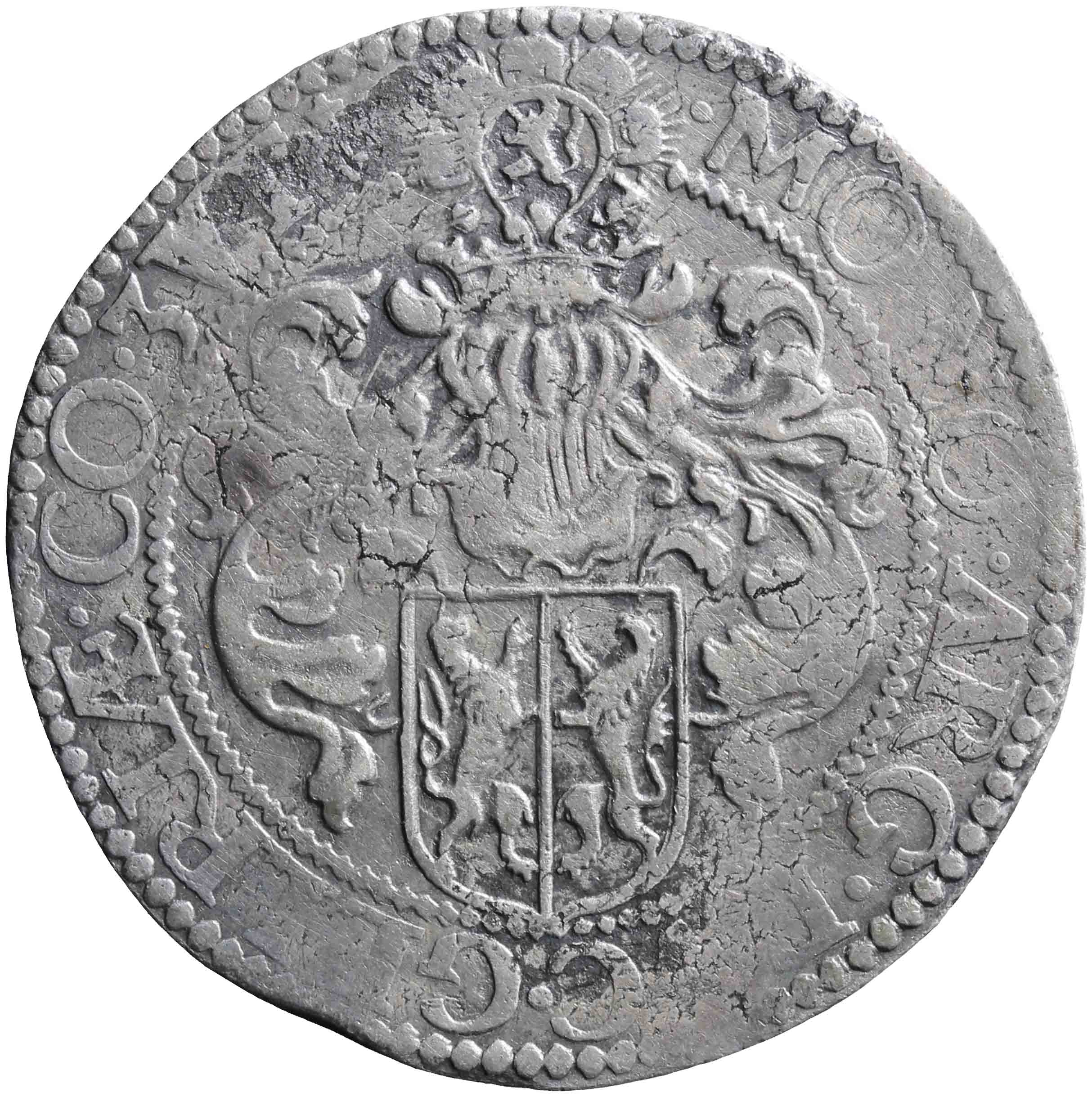 Afbeelding van de keerzijde. Gelderse of gehelmde rijksdaalder of prinsendaalder. Inventarisnummer:NM-00844
