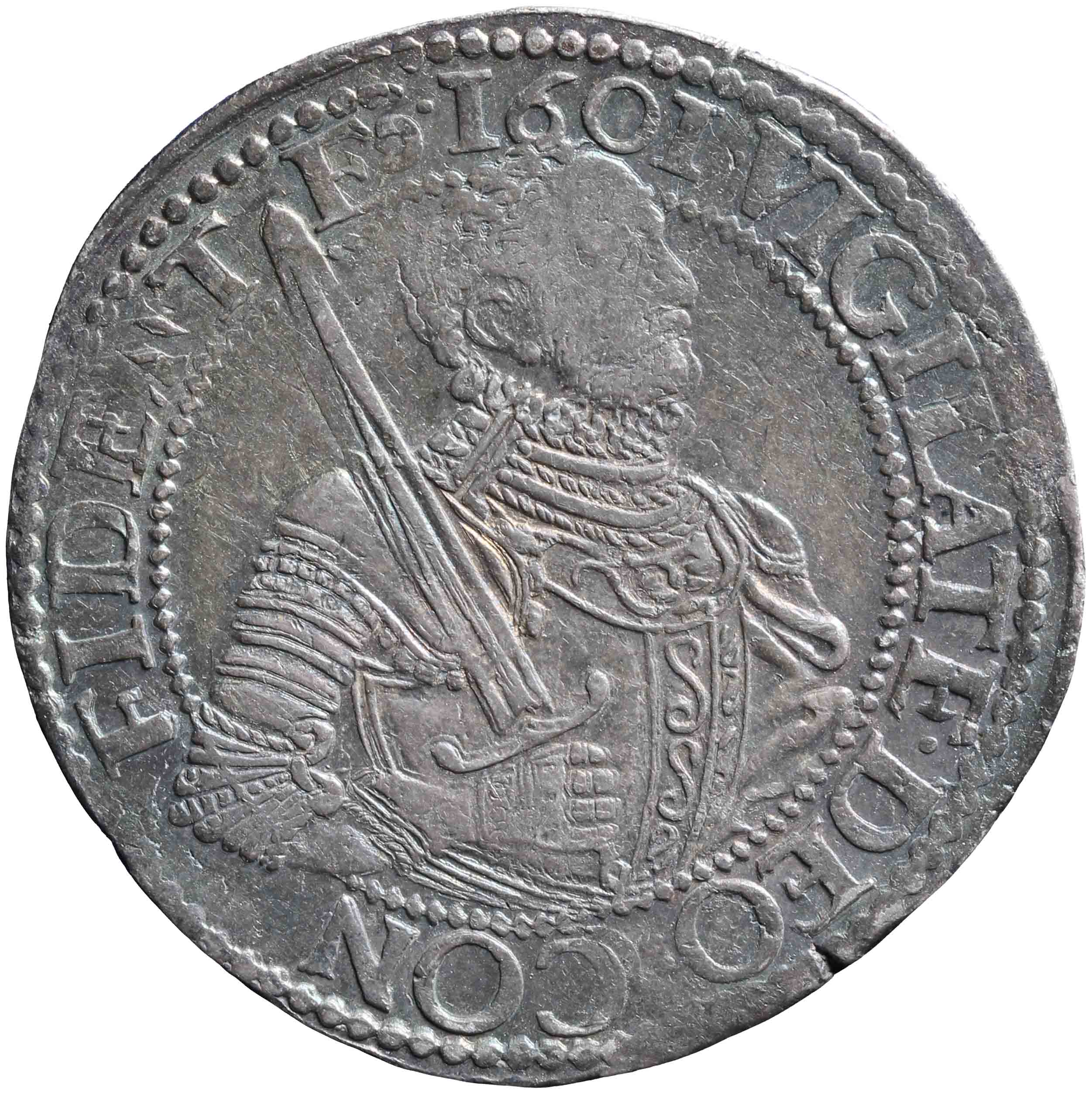 Afbeelding van de voorzijde. Gelderse of gehelmde rijksdaalder of prinsendaalder. Inventarisnummer:NM-00845