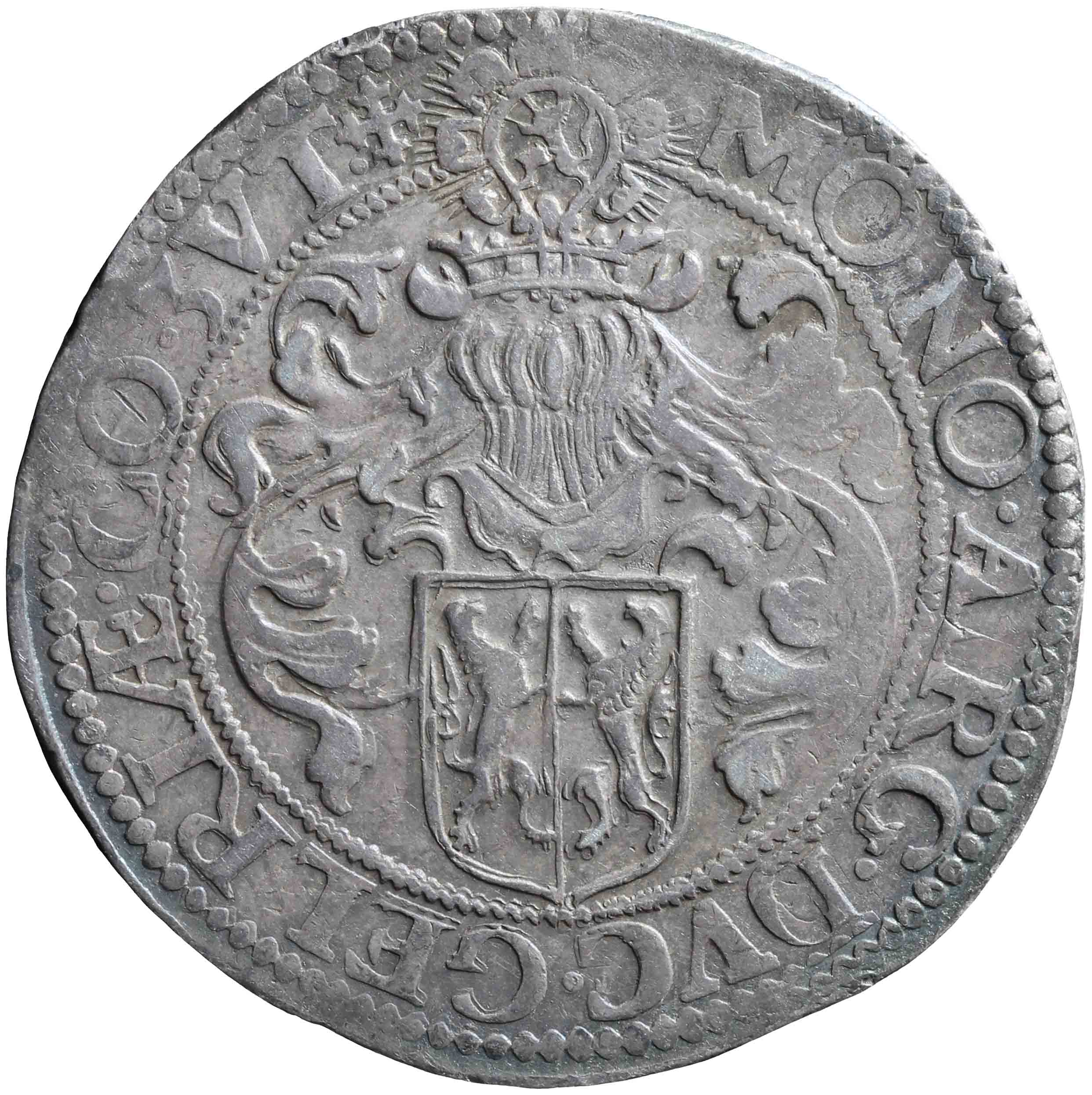 Afbeelding van de keerzijde. Gelderse of gehelmde rijksdaalder of prinsendaalder. Inventarisnummer:NM-00845