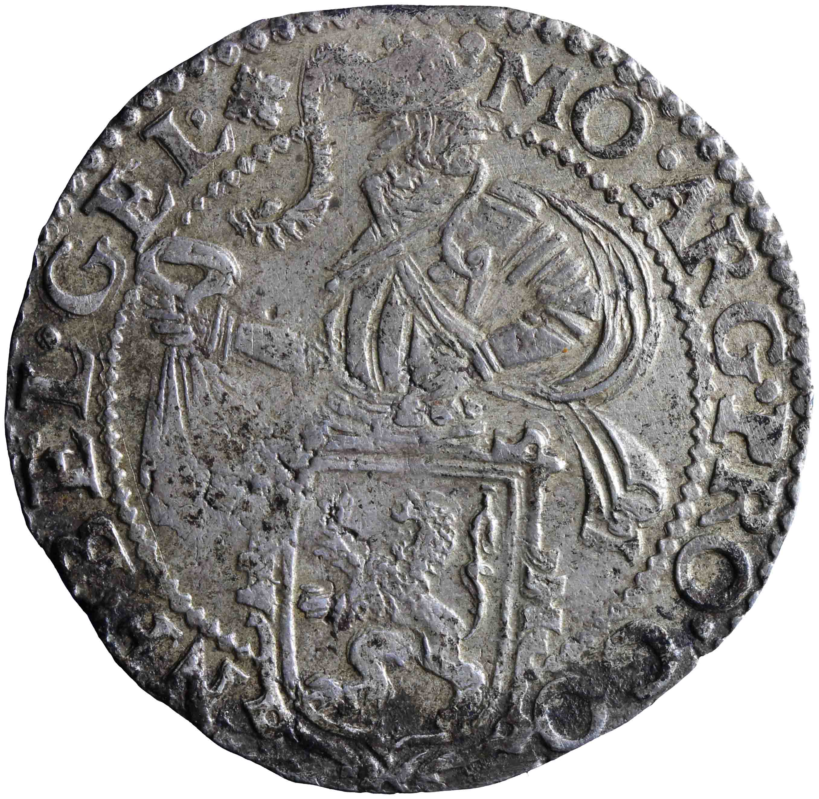 Afbeelding van de voorzijde. halve leeuwendaalder. Inventarisnummer:NM-00887