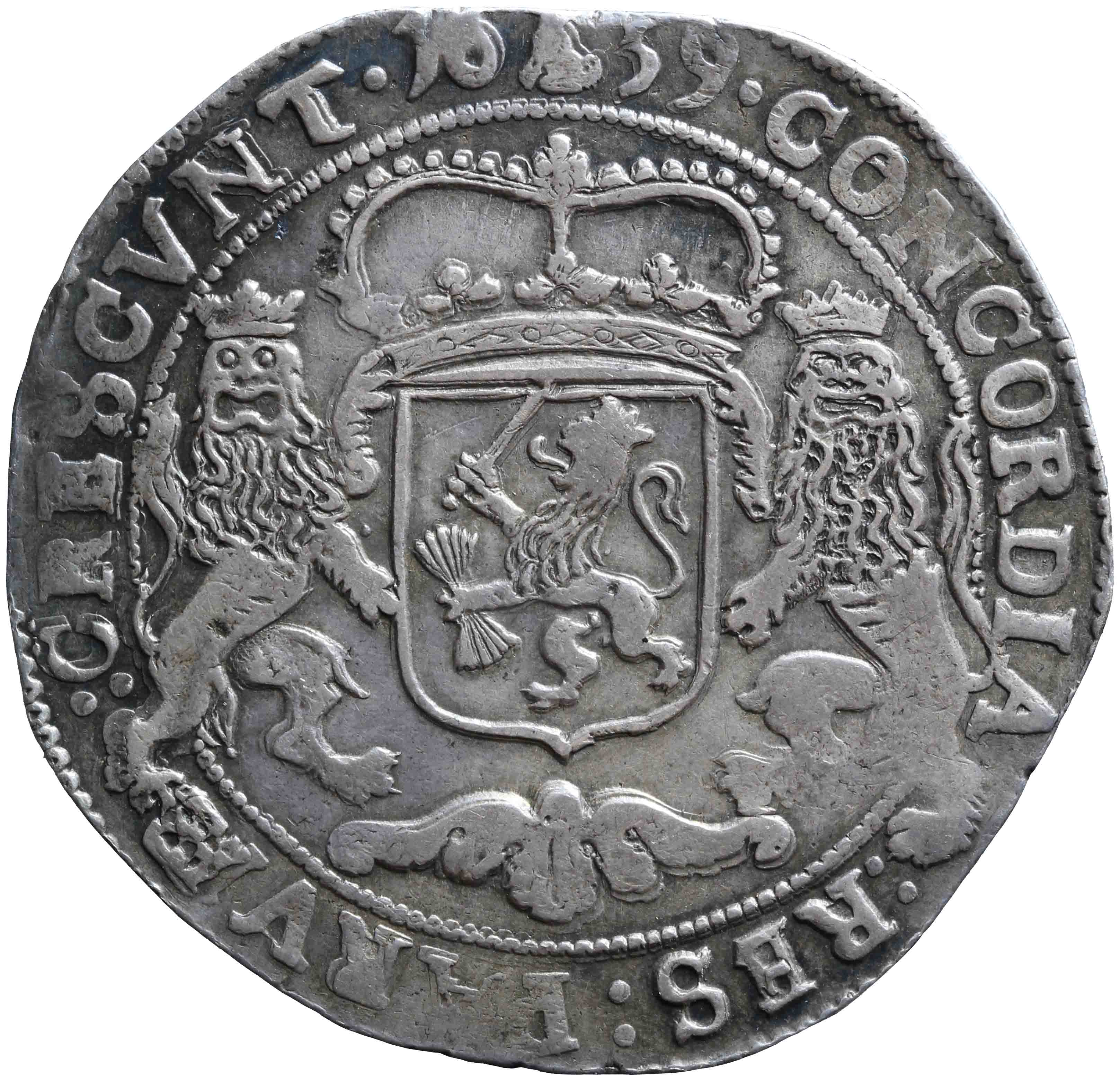 Afbeelding van de keerzijde. zilveren rijder of dukaton. Inventarisnummer:NM-01030