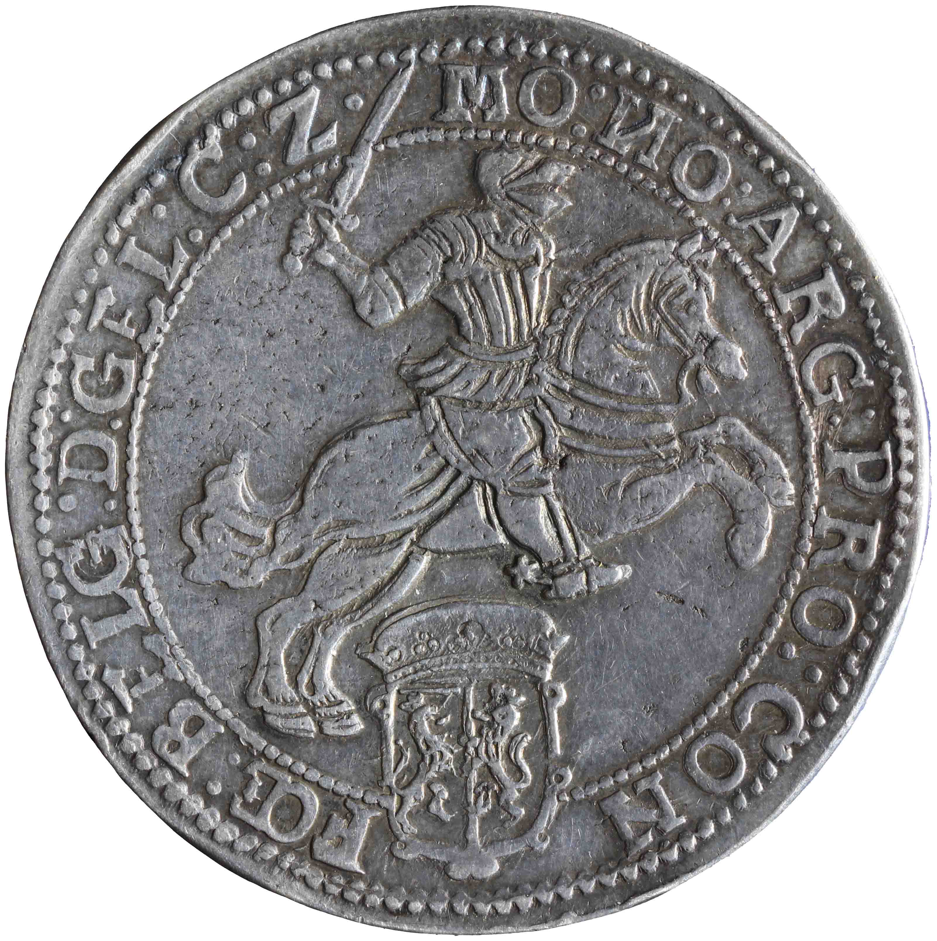 Afbeelding van de voorzijde. zilveren rijder of dukaton. Inventarisnummer:NM-01038