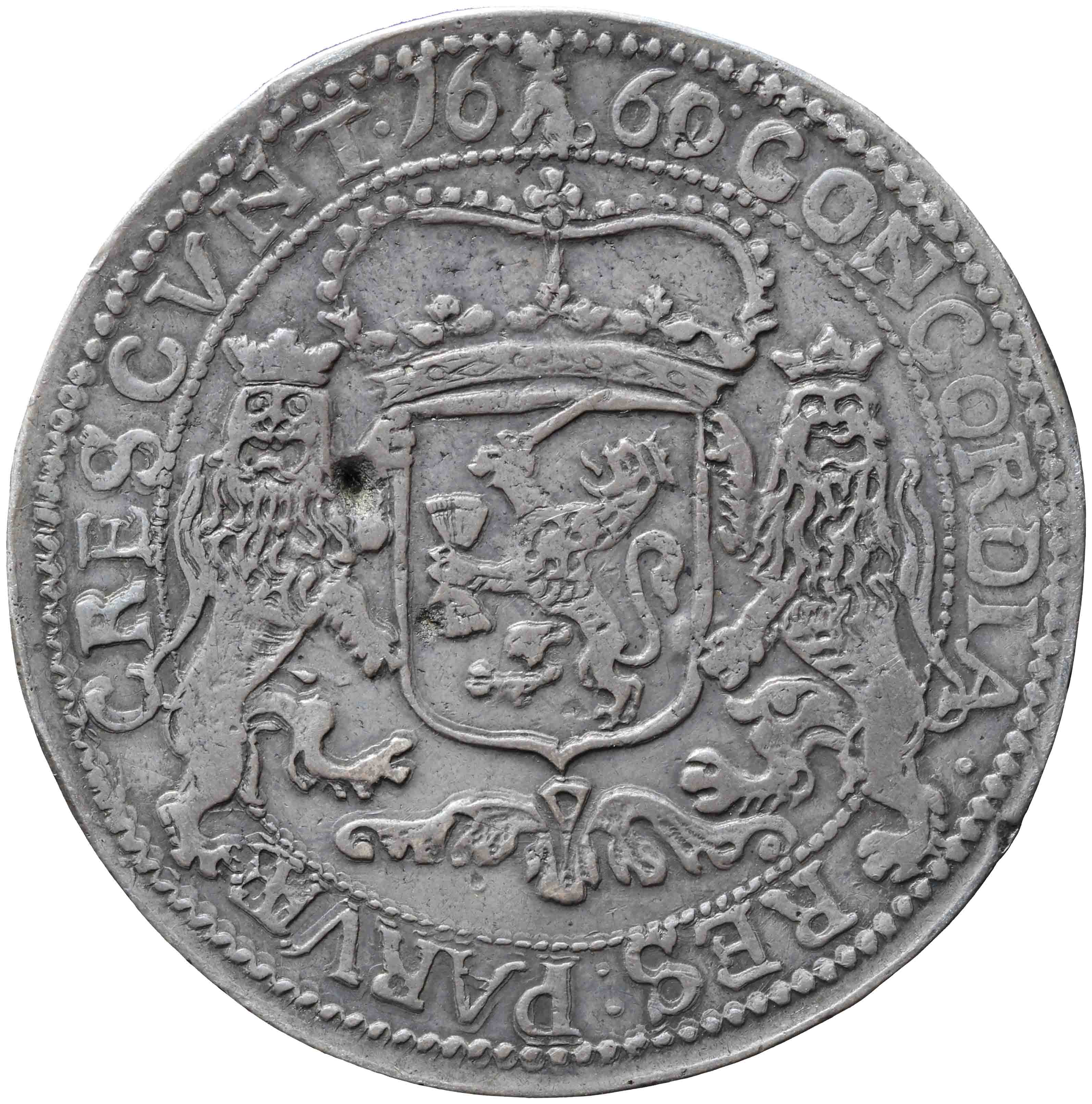 Afbeelding van de keerzijde. zilveren rijder of dukaton. Inventarisnummer:NM-01038