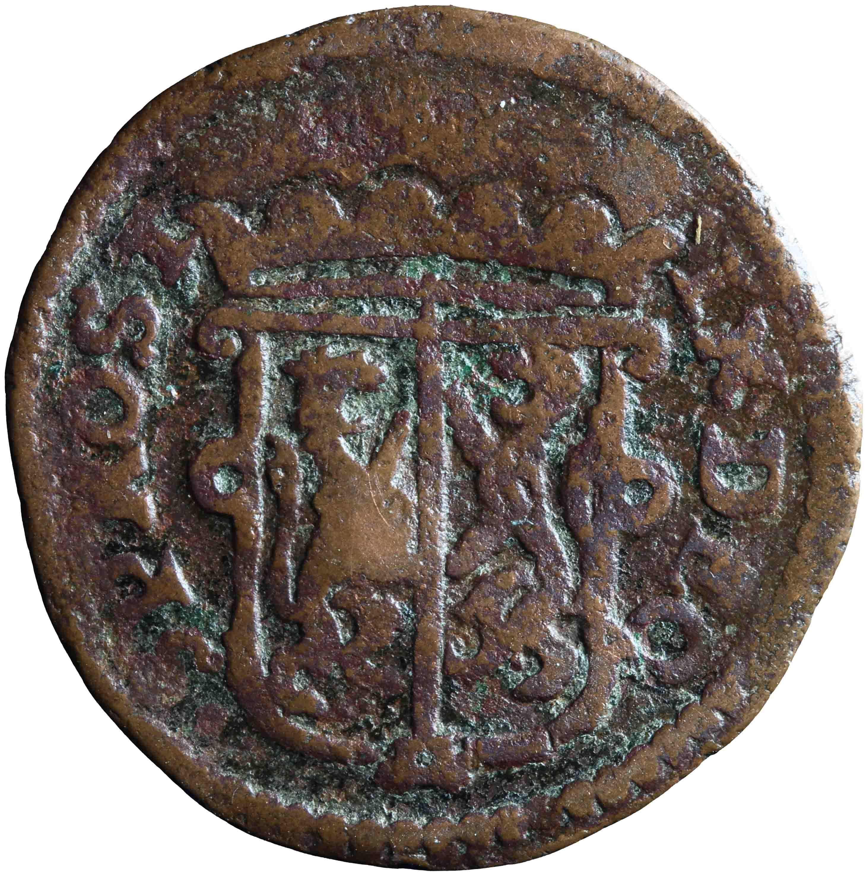 Afbeelding van de voorzijde. duit. Inventarisnummer:NM-01053