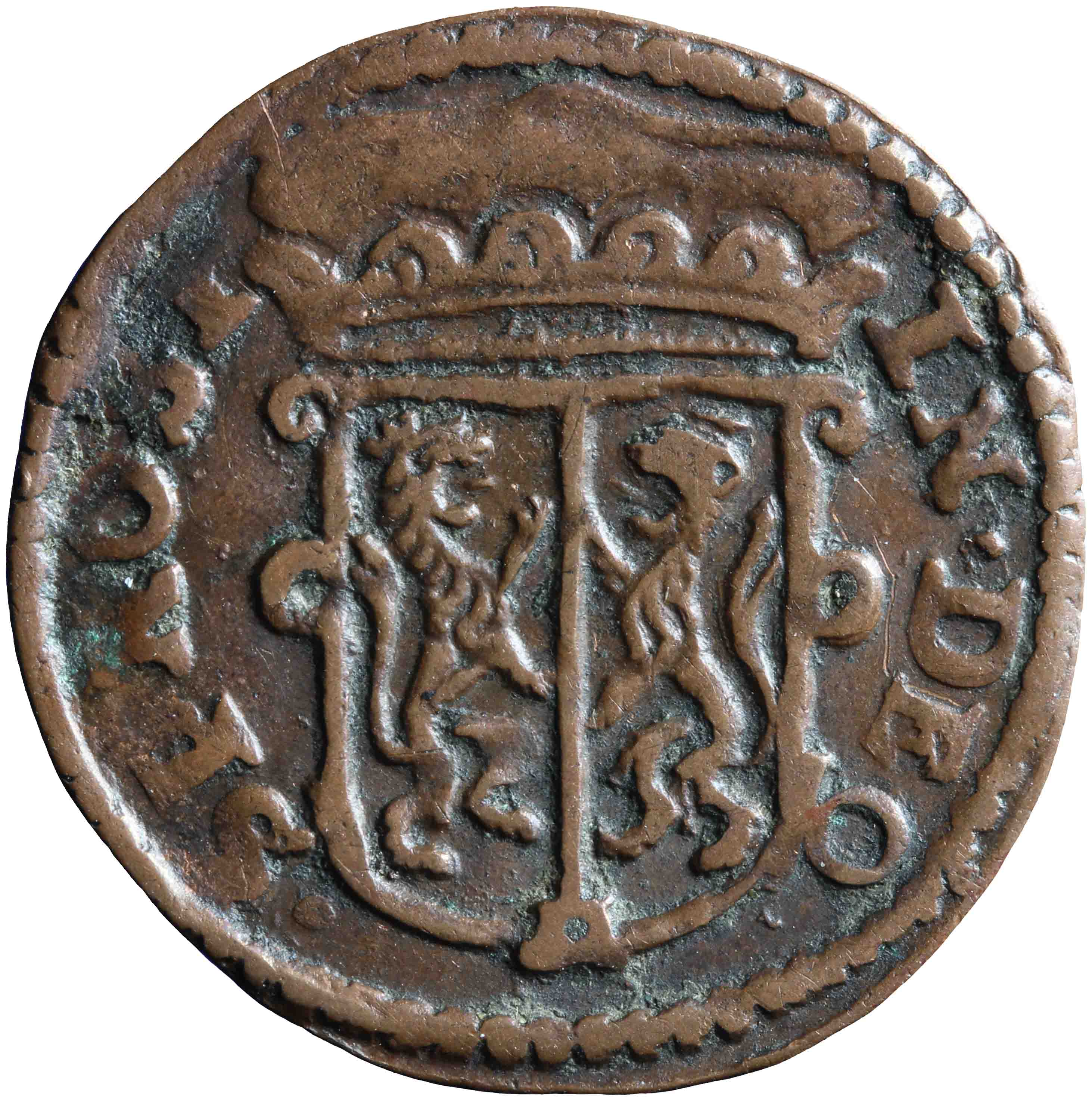 Afbeelding van de voorzijde. duit. Inventarisnummer:NM-01054