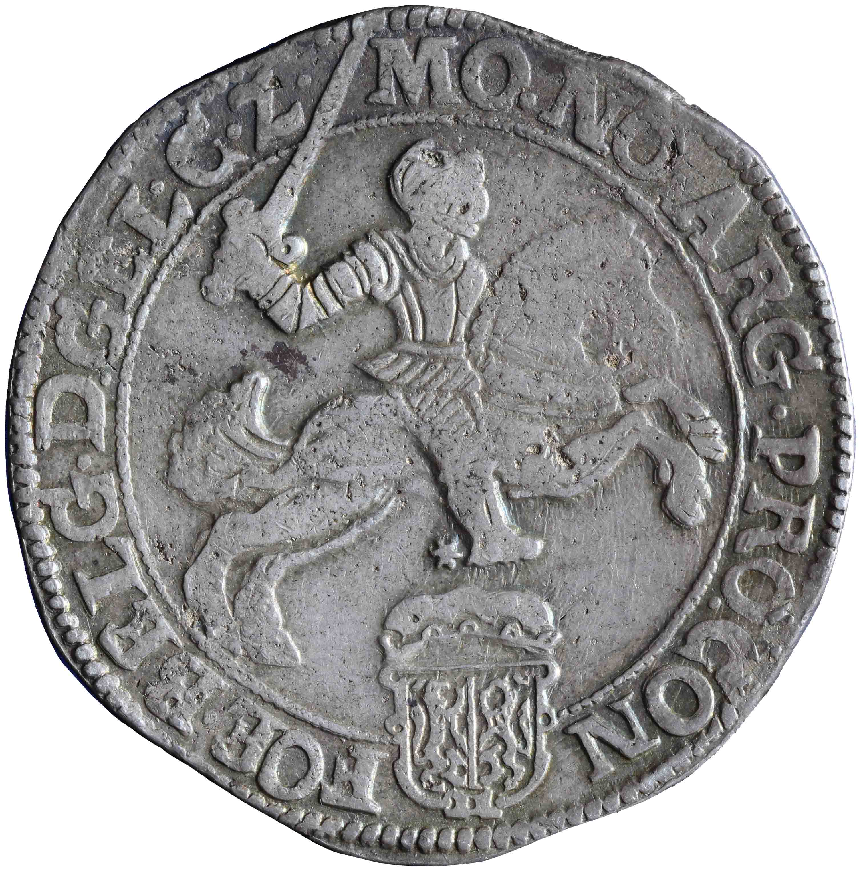 Afbeelding van de voorzijde. zilveren rijder of dukaton. Inventarisnummer:NM-01059