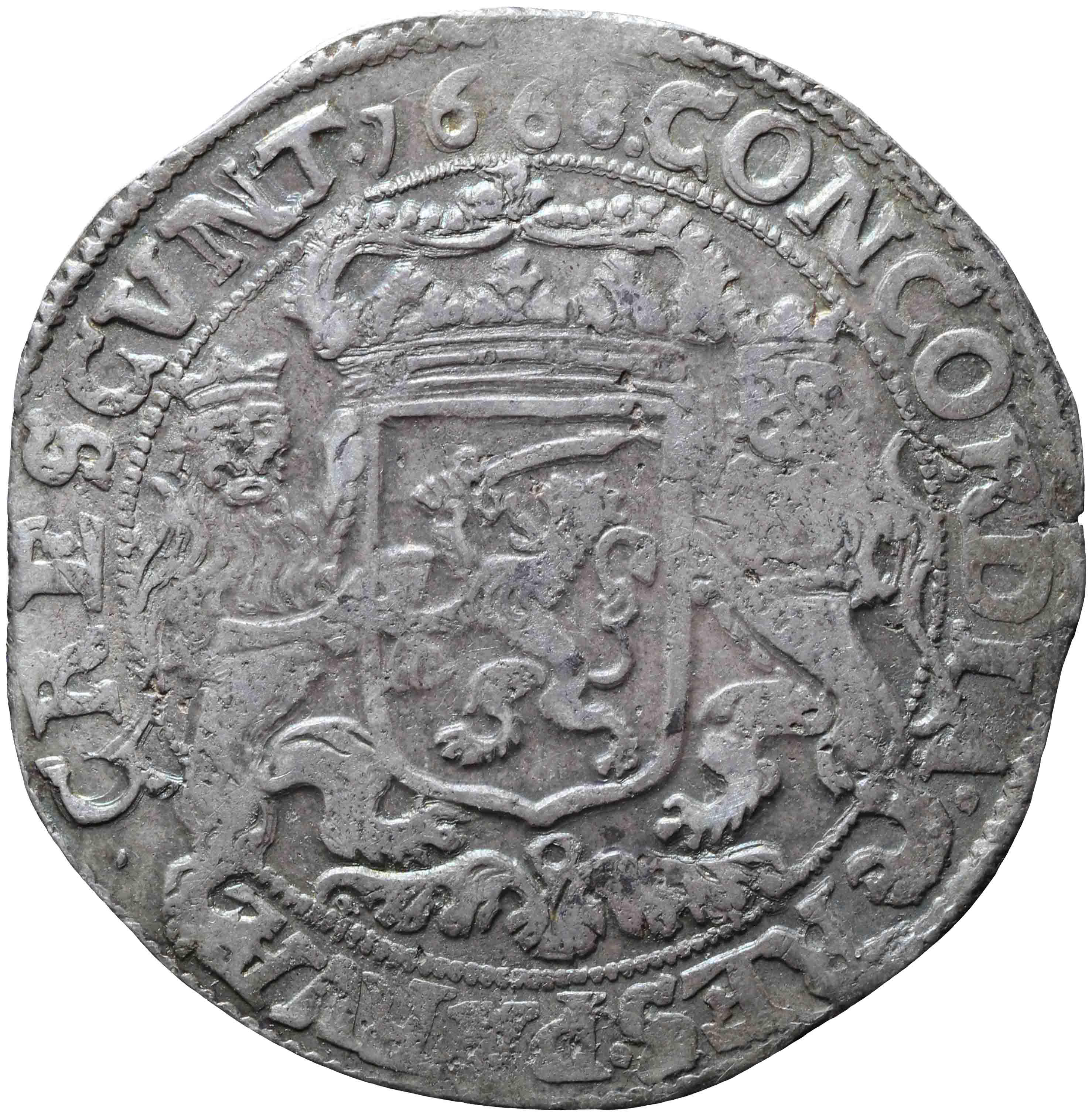 Afbeelding van de keerzijde. zilveren rijder of dukaton. Inventarisnummer:NM-01059