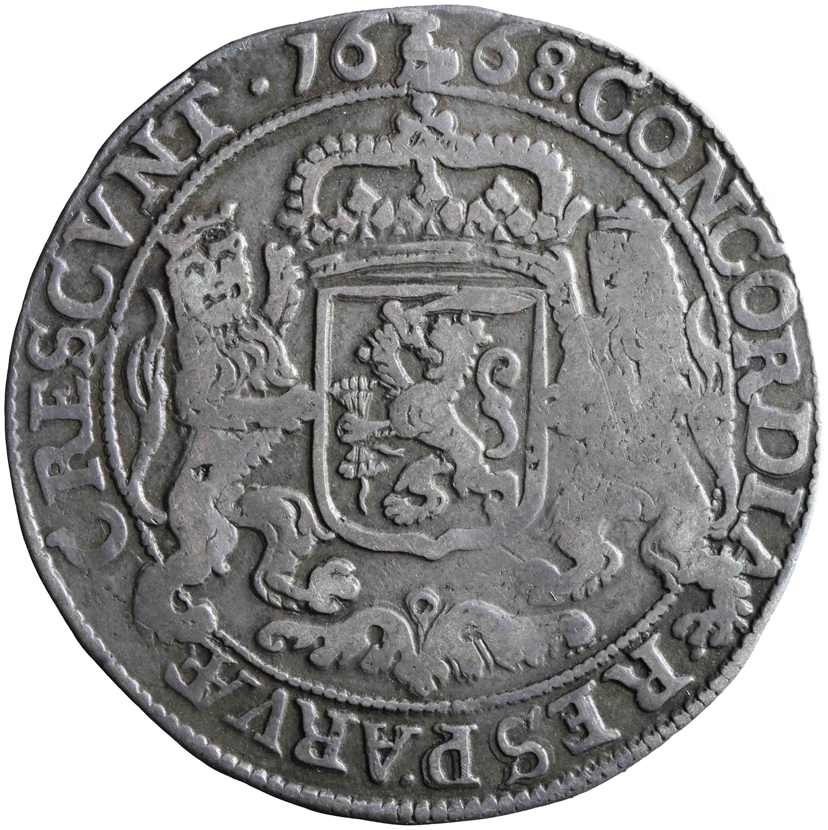 Afbeelding van de keerzijde. halve zilveren rijder of halve dukaton. Inventarisnummer:NM-01061