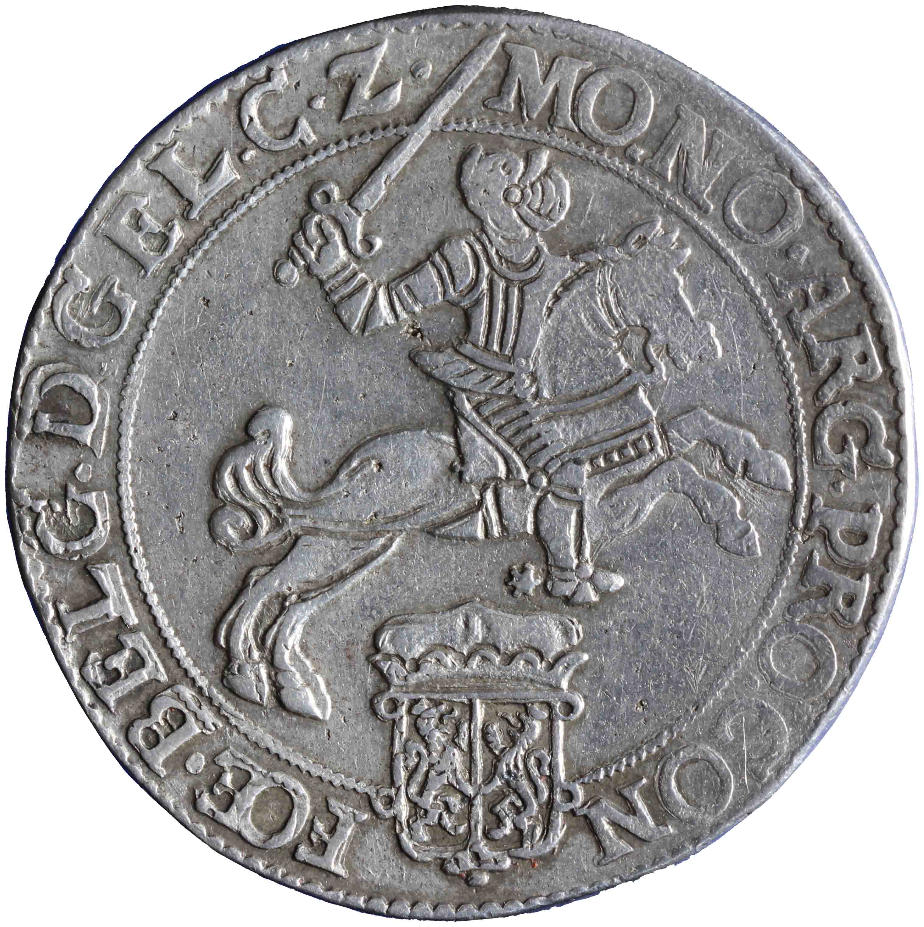 Afbeelding van de voorzijde. zilveren rijder of dukaton. Inventarisnummer:NM-01065