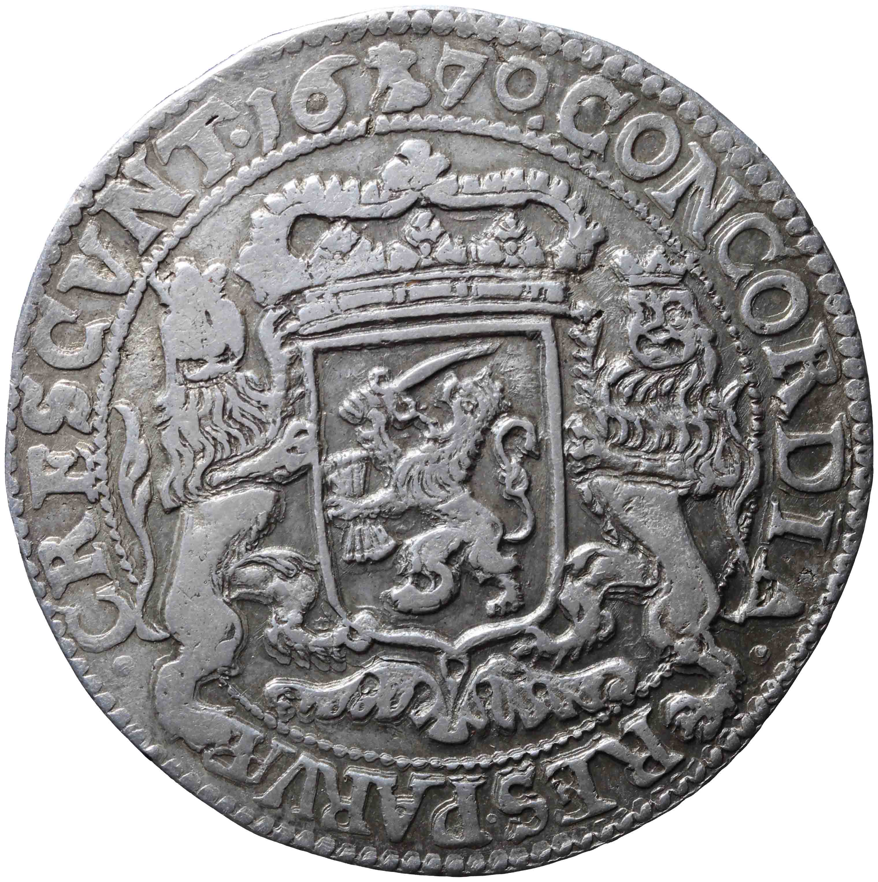 Afbeelding van de keerzijde. zilveren rijder of dukaton. Inventarisnummer:NM-01065