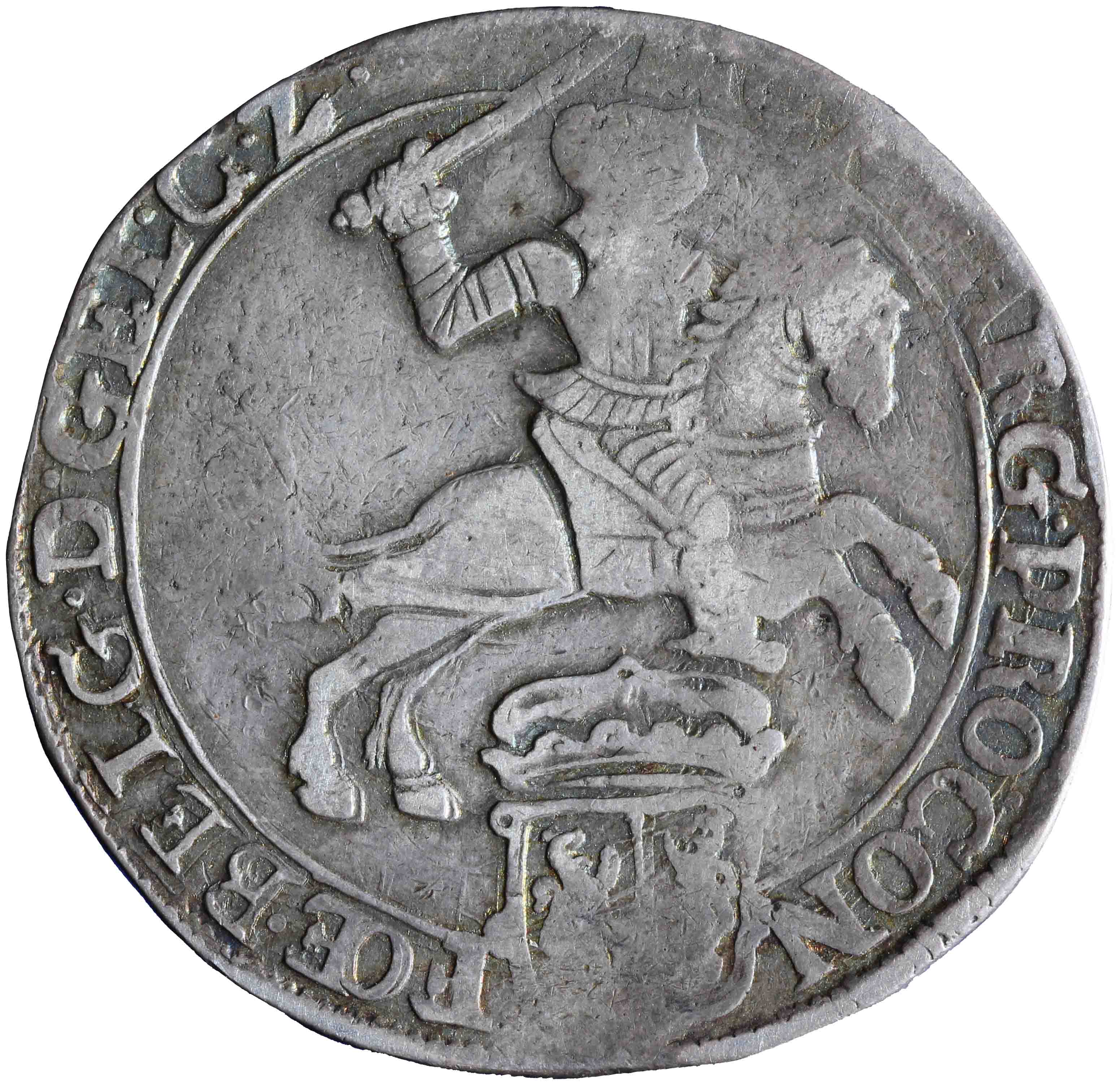 Afbeelding van de voorzijde. zilveren rijder of dukaton. Inventarisnummer:NM-01075