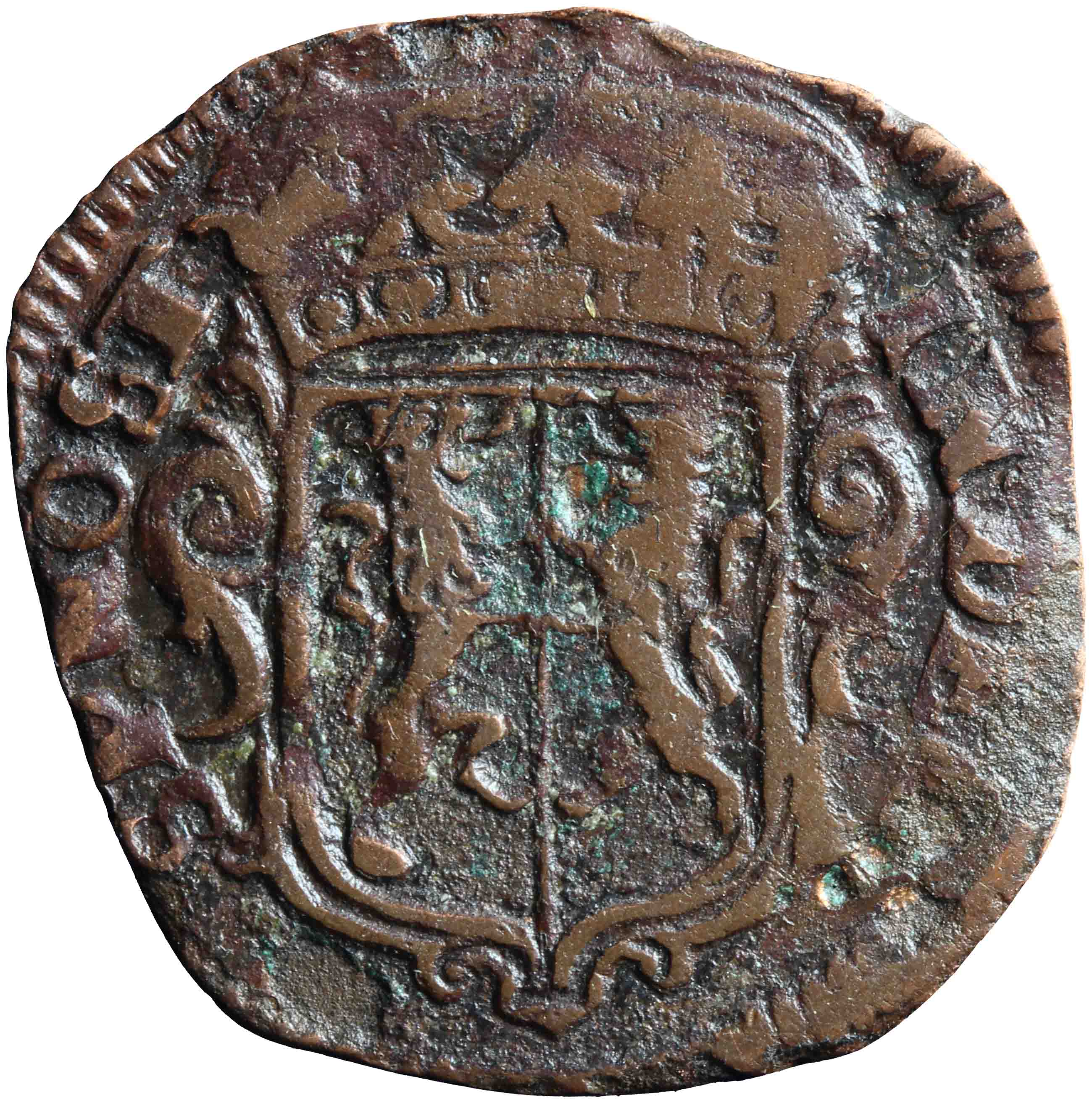 Afbeelding van de voorzijde. duit. Inventarisnummer:NM-01077
